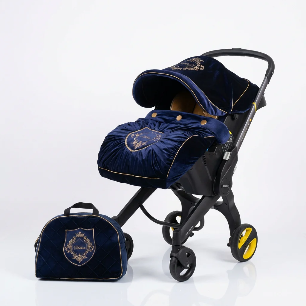 Personalized Baby Boy Car Seat Cover Set with Canopy & Diaper Bag - Image 3