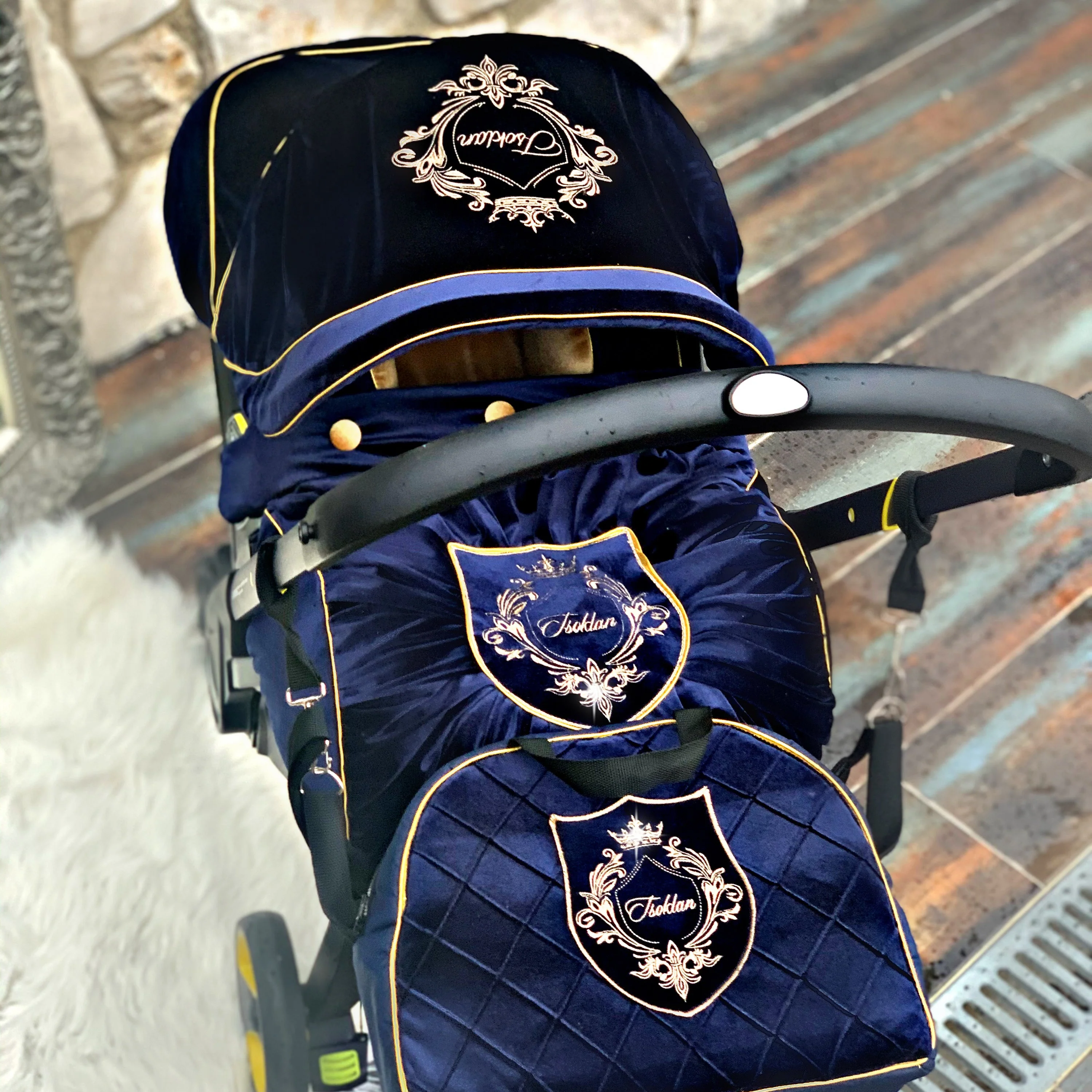 Personalized Baby Boy Car Seat Cover Set with Canopy & Diaper Bag - Image 5