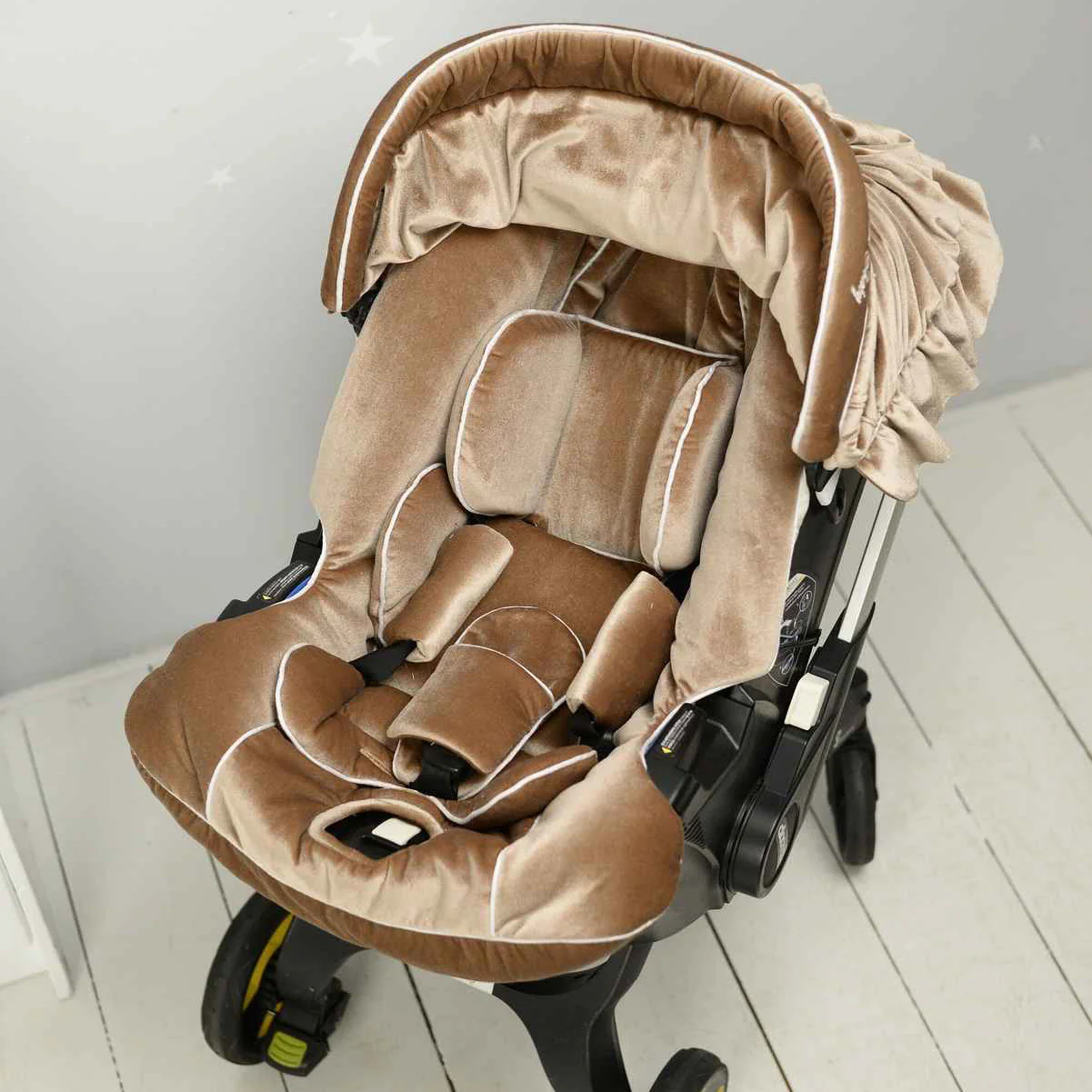 Beige Velvet Baby Car Seat Cover with Rhinestones & Pearls - Image 4