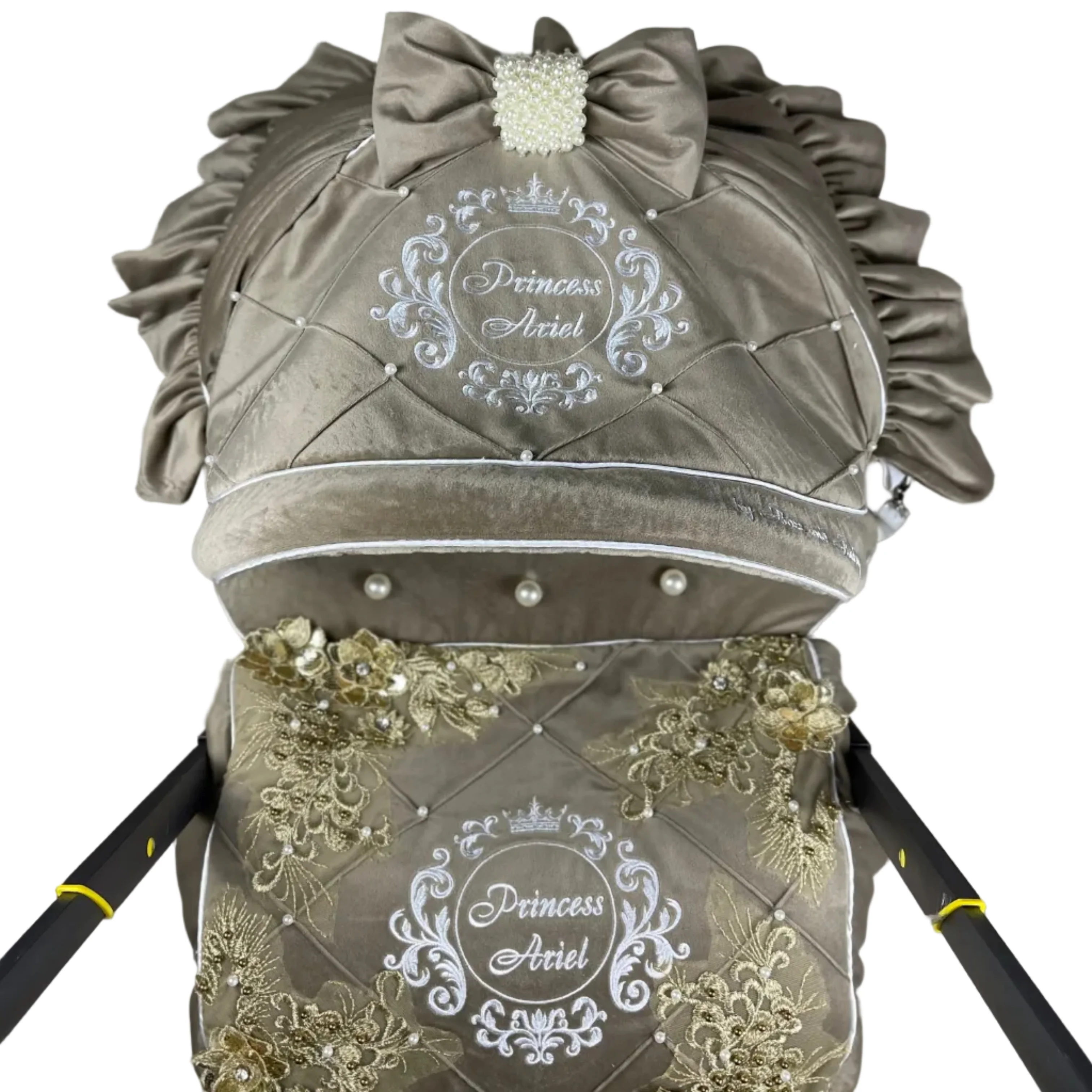 Beige Velvet Baby Car Seat Cover with Rhinestones & Pearls - Image 7