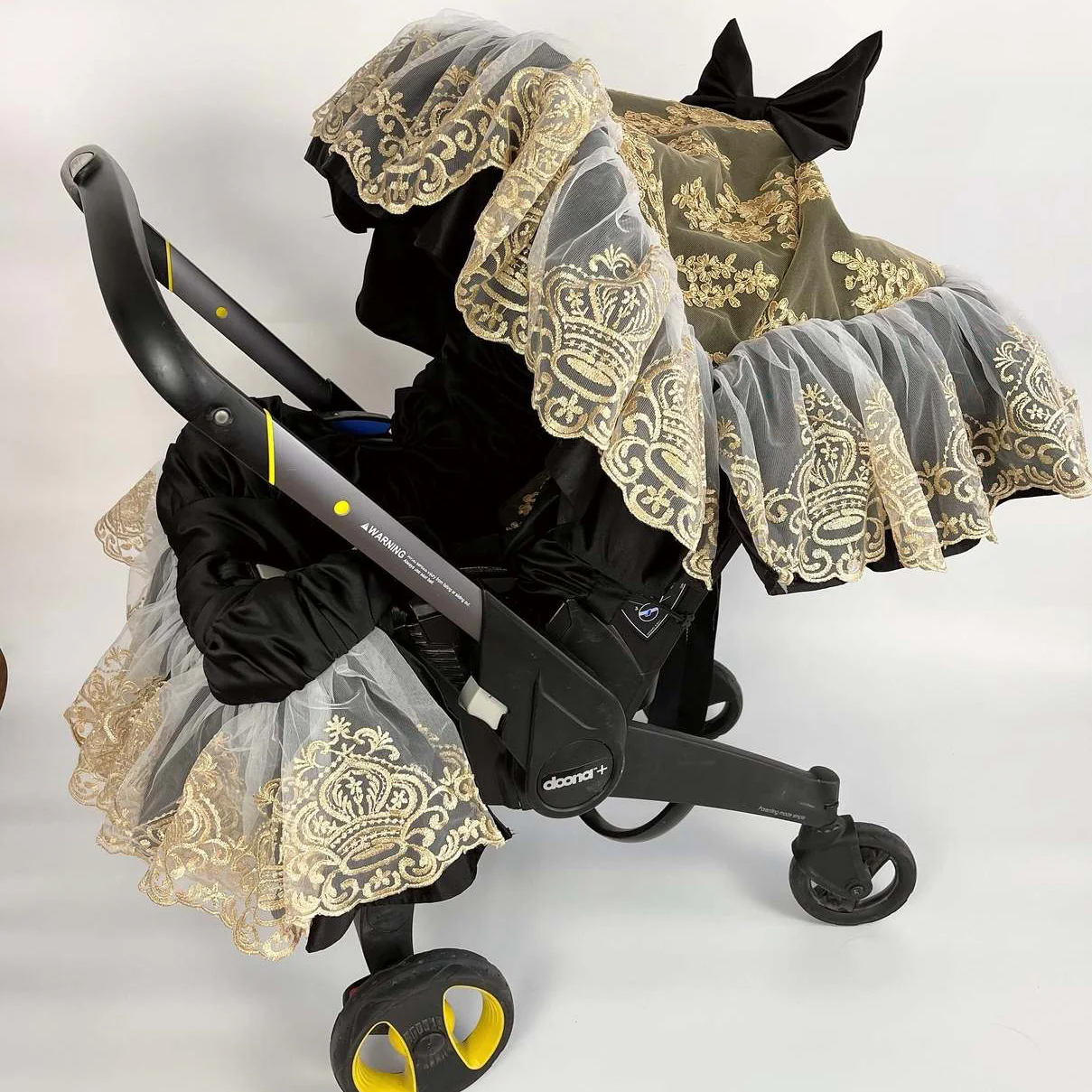Black Baby Car Seat Cover with Gold Lace Canopy - Image 3