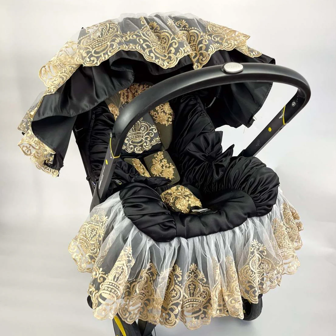 Black Baby Car Seat Cover with Gold Lace Canopy - Image 4