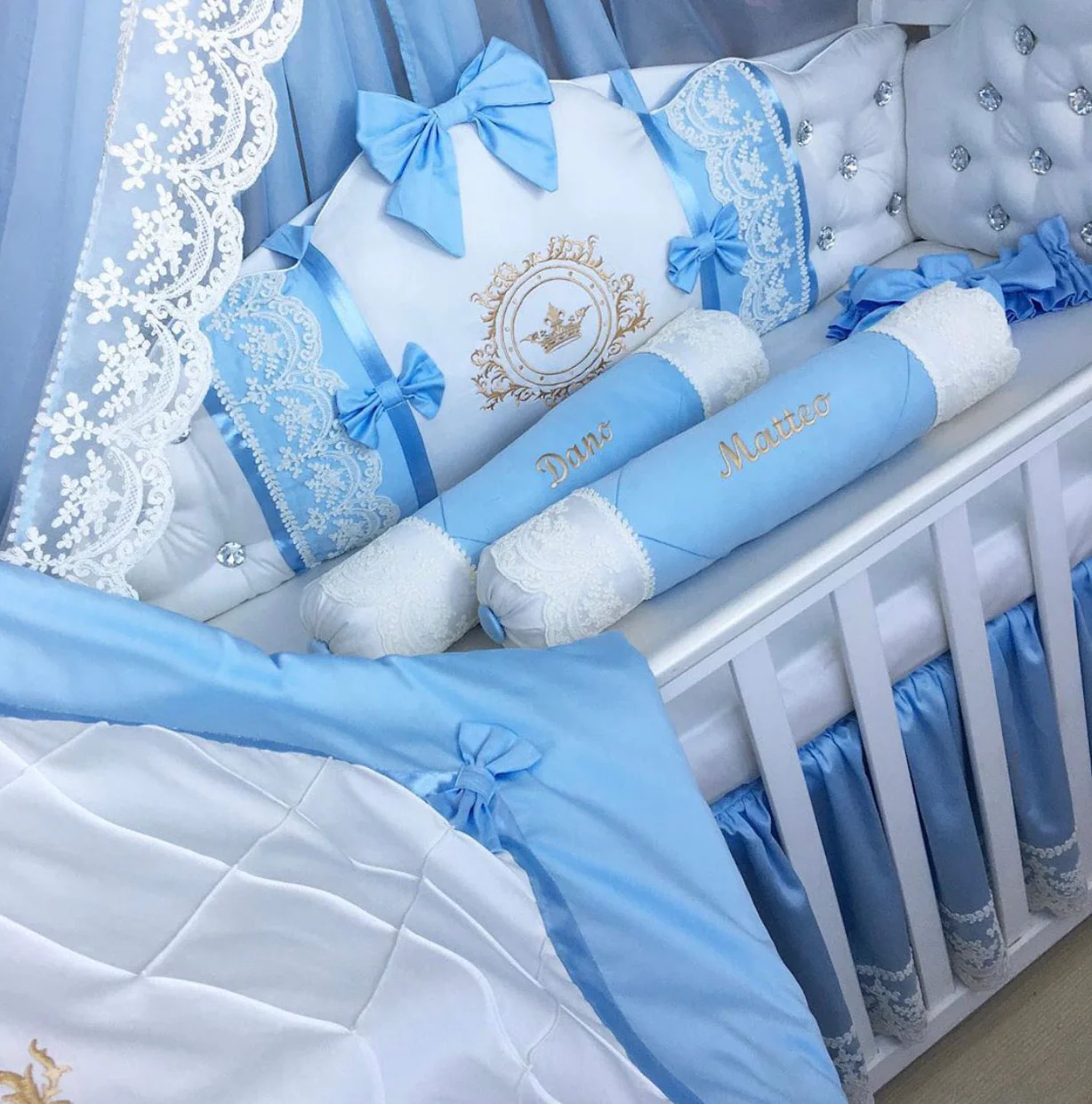 Blue & White Satin Baby Boy Bedding with Lace & Rhinestones - Image 3