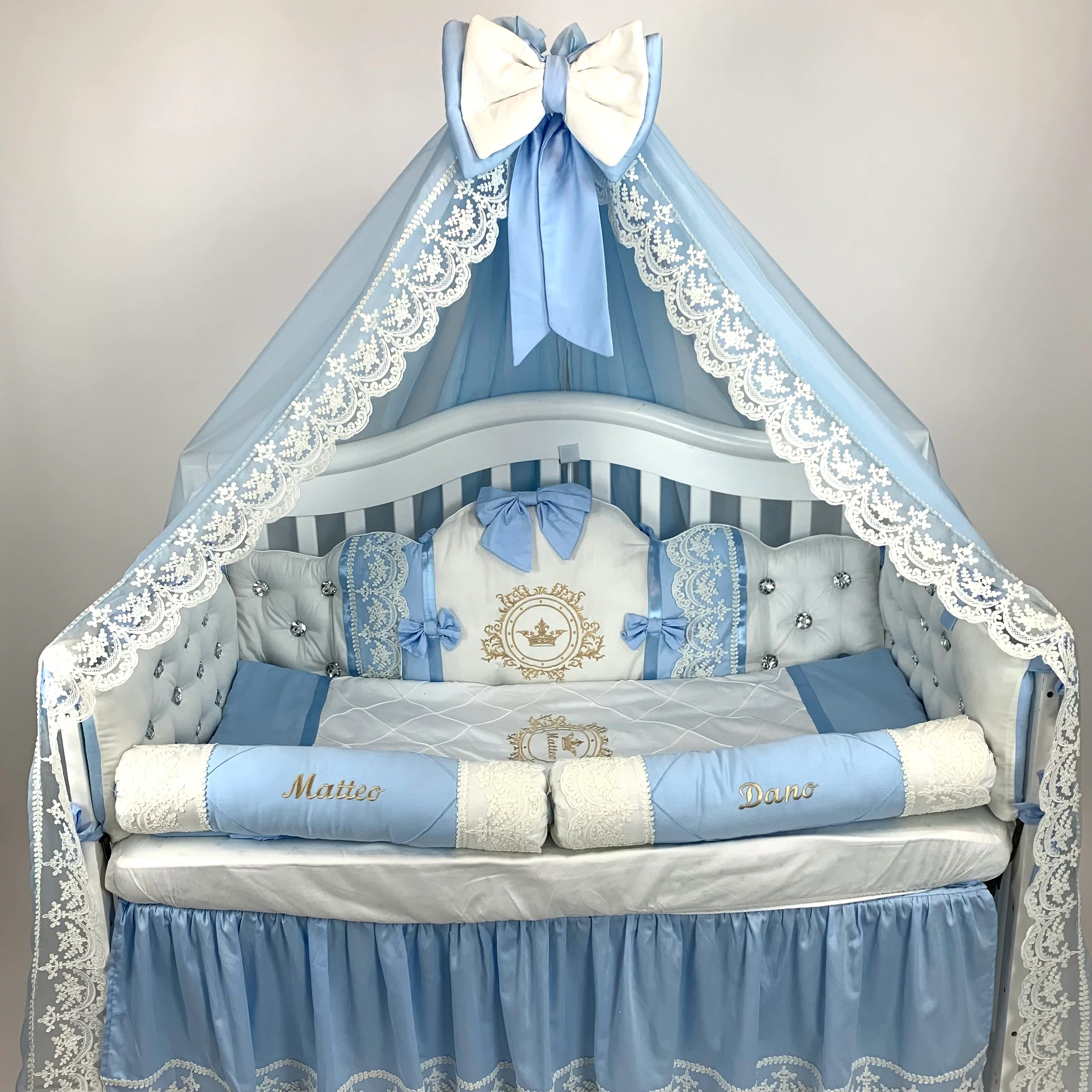 Blue & White Satin Baby Boy Bedding with Lace & Rhinestones - Image 6