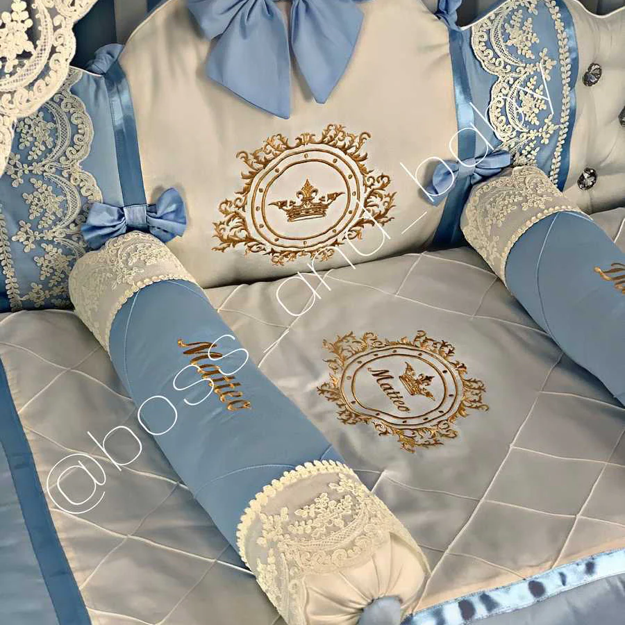 Blue & White Satin Baby Boy Bedding with Lace & Rhinestones - Image 7