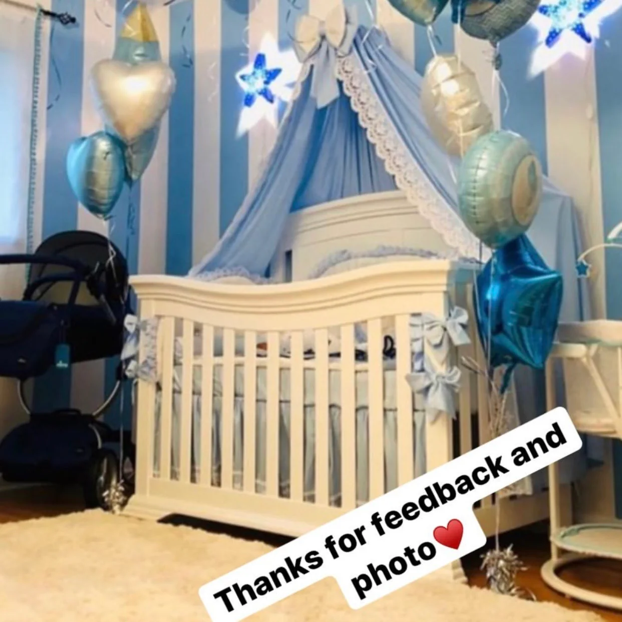 Blue & White Satin Baby Boy Bedding with Lace & Rhinestones - Image 8