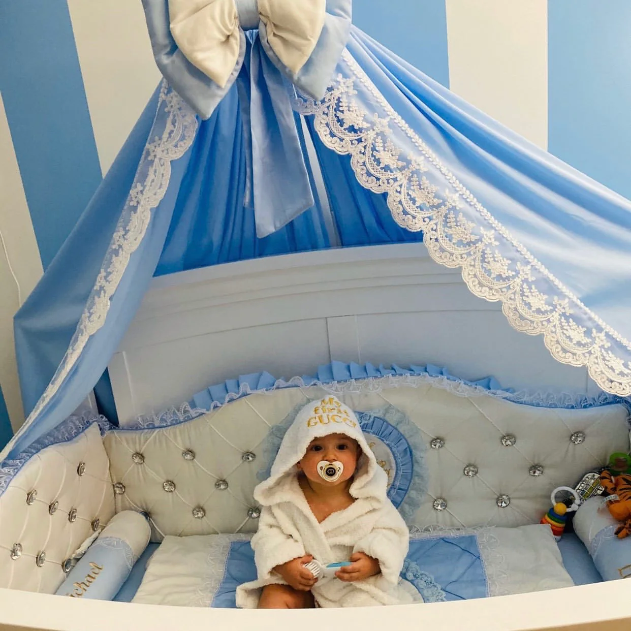 Blue & White Satin Baby Boy Bedding with Lace & Rhinestones - Image 9