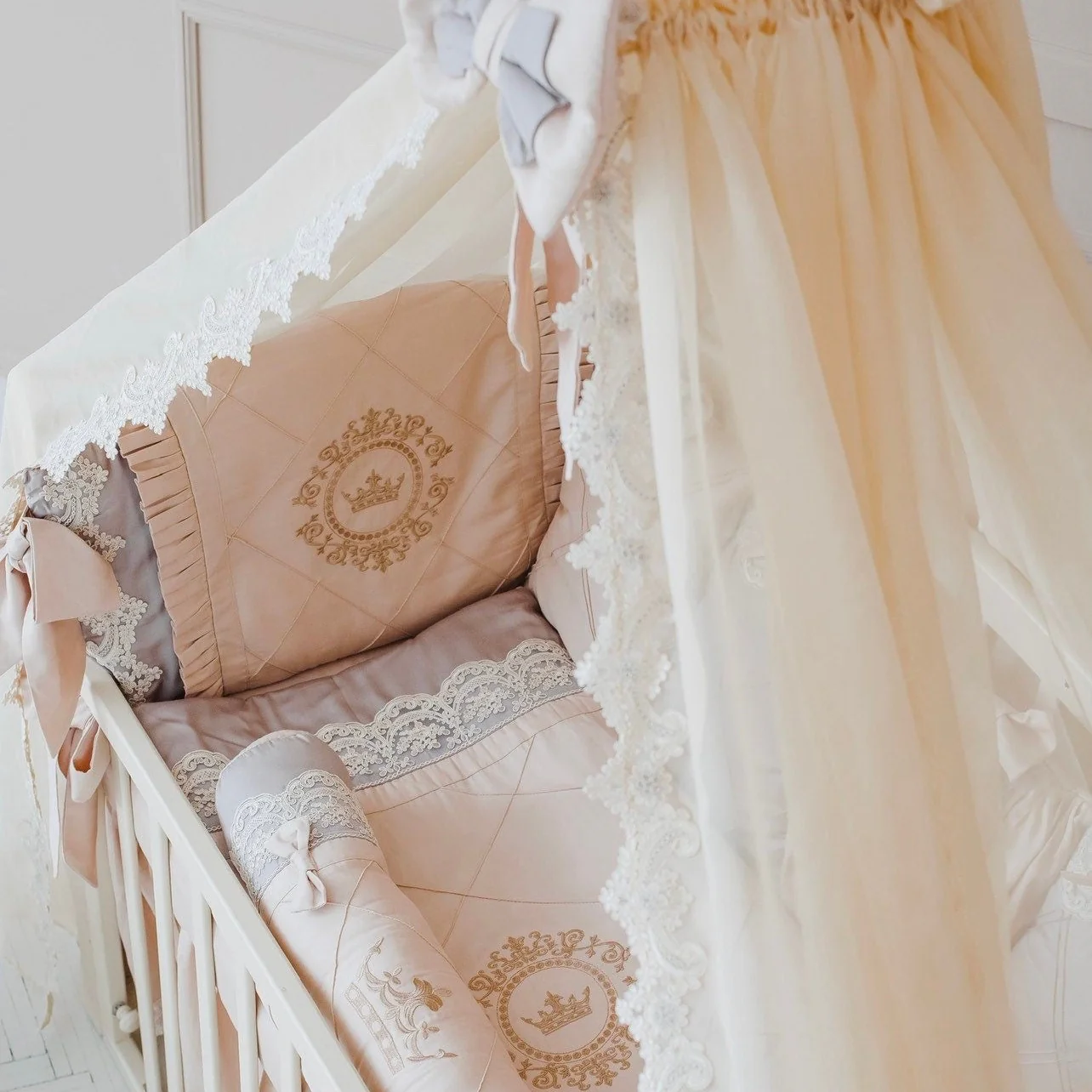 Luxury Blush Pink Beige Crib Bedding Set with Canopy | Crown Emblem Embroidery - Image 3