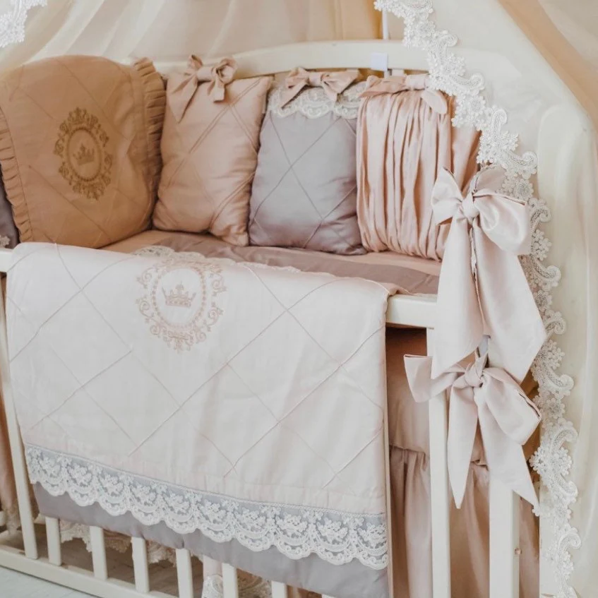 Luxury Blush Pink Beige Crib Bedding Set with Canopy | Crown Emblem Embroidery - Image 4