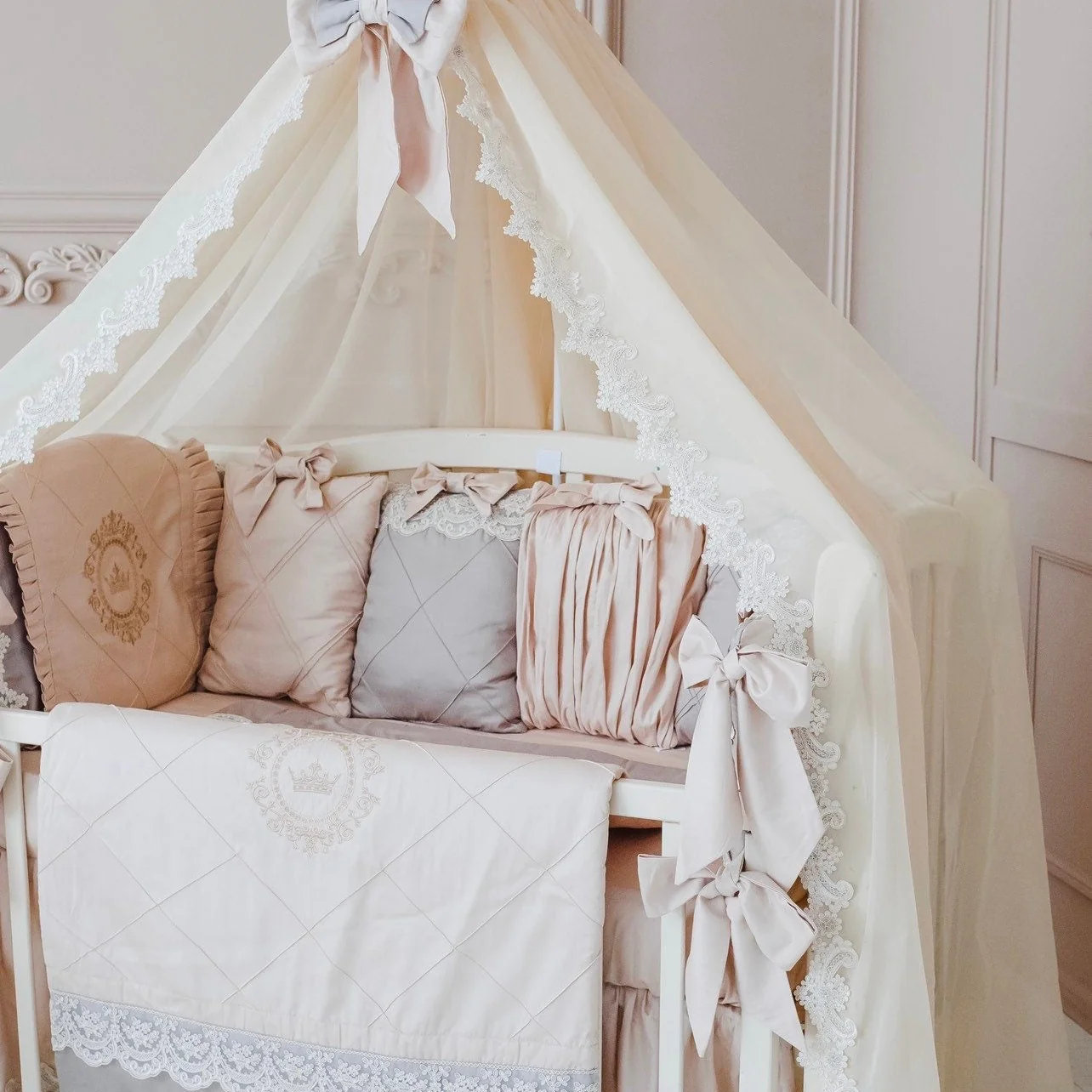 Luxury Blush Pink Beige Crib Bedding Set with Canopy | Crown Emblem Embroidery - Image 5