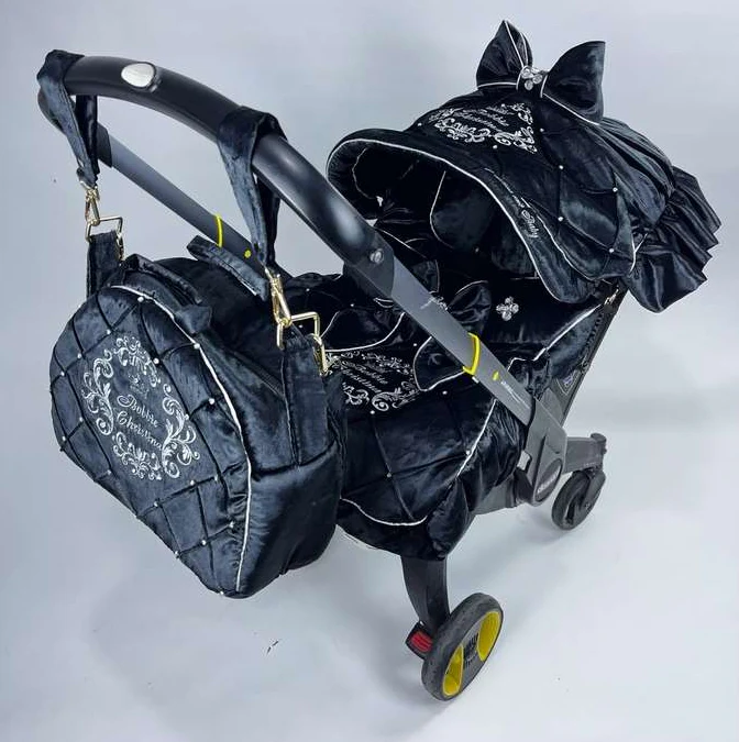 Customized Black Velvet Baby Car Seat & Stroller Cover – Rhinestone Canopy - Image 5