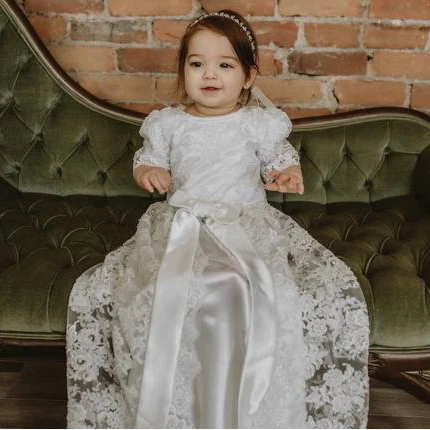 Elegant White Lace Baptism Dress for Baby Girls - Image 2