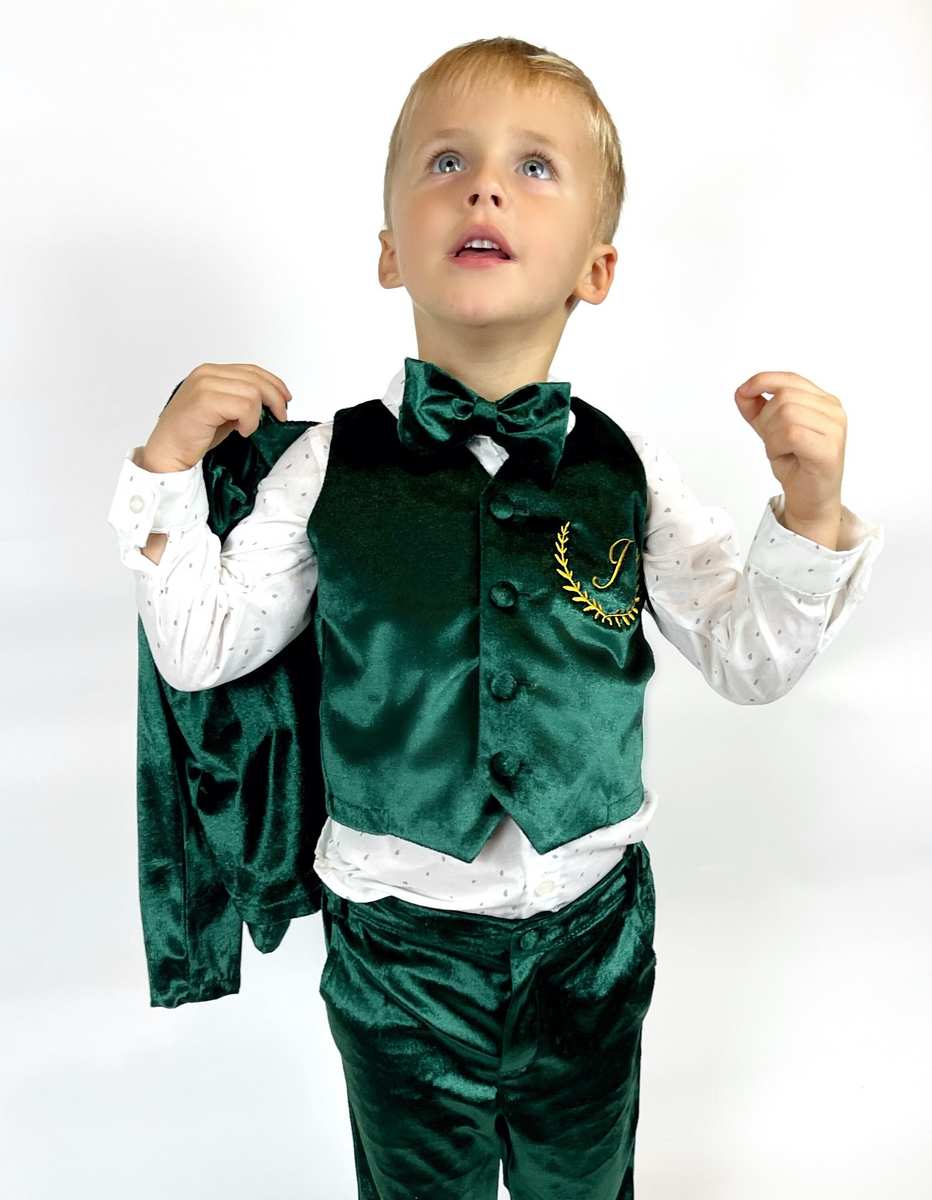 Emerald Green Velvet Baby Boy Suit – 4-Piece Tuxedo - Image 2