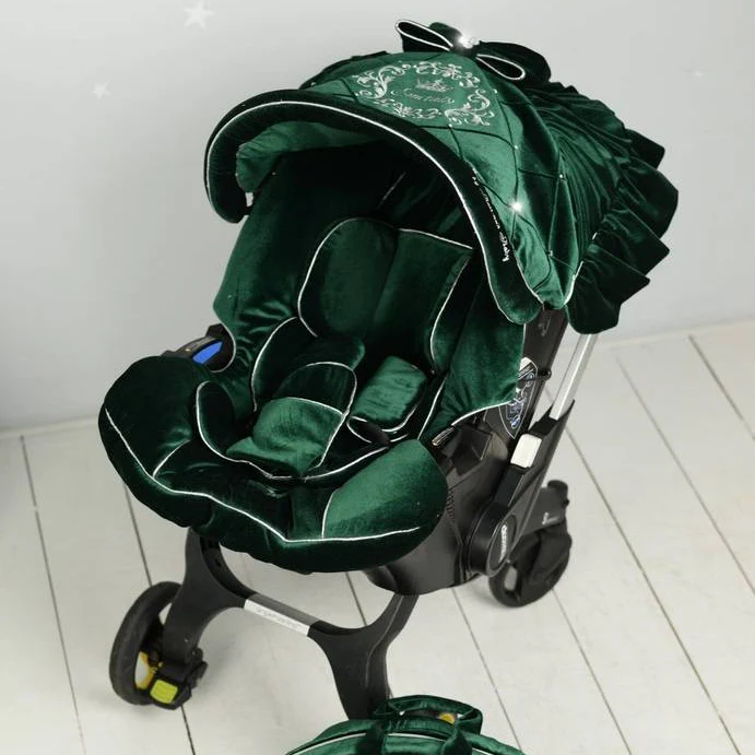 Emerald Green Velvet Infant Car Seat Cover and Accessories - Image 3