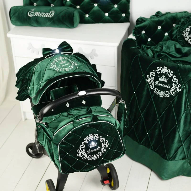Emerald Green Velvet Infant Car Seat Cover and Accessories - Image 5
