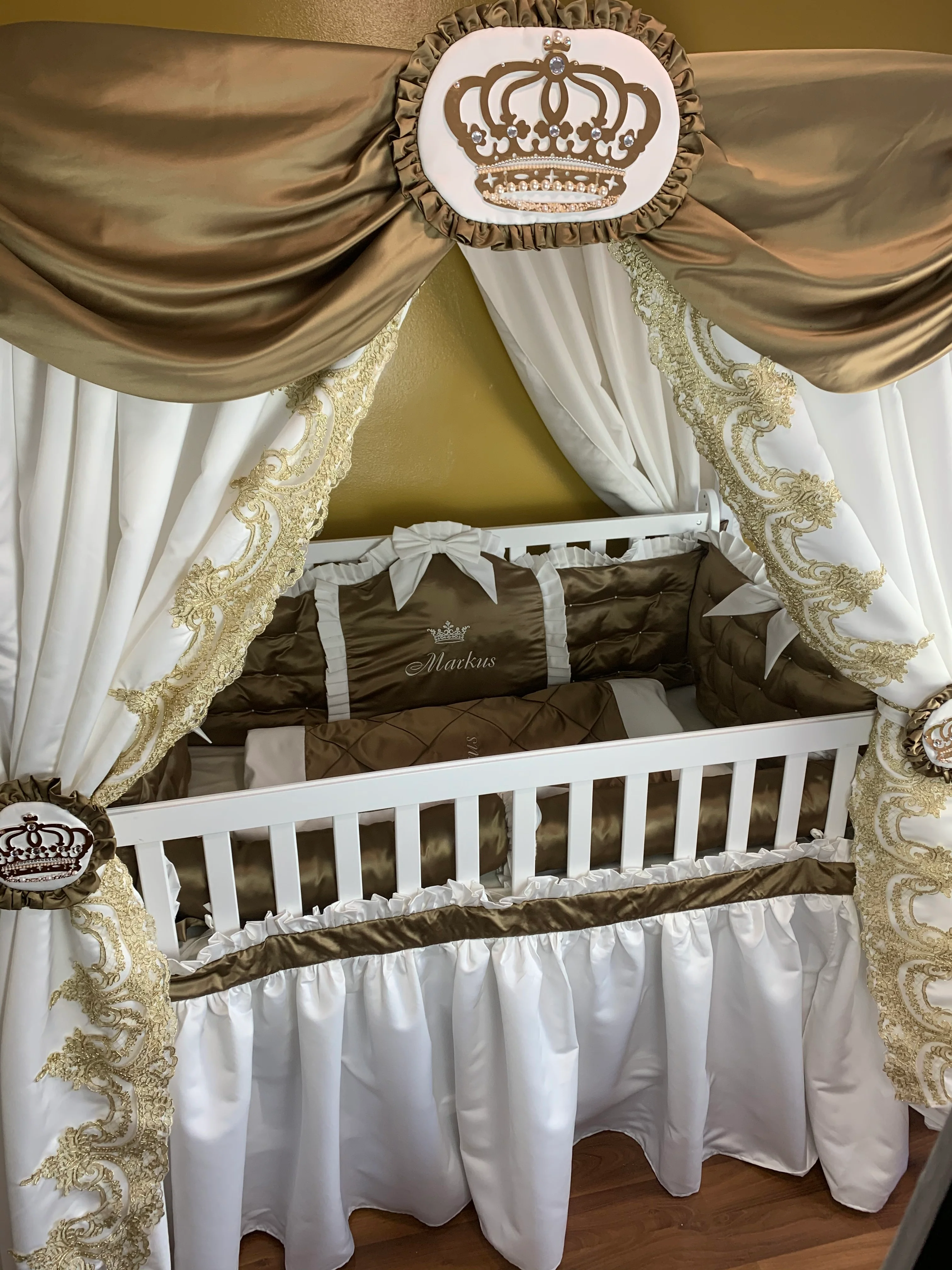 Gold Baby Boy Crib Bedding Set with Lace & Canopy - Image 4