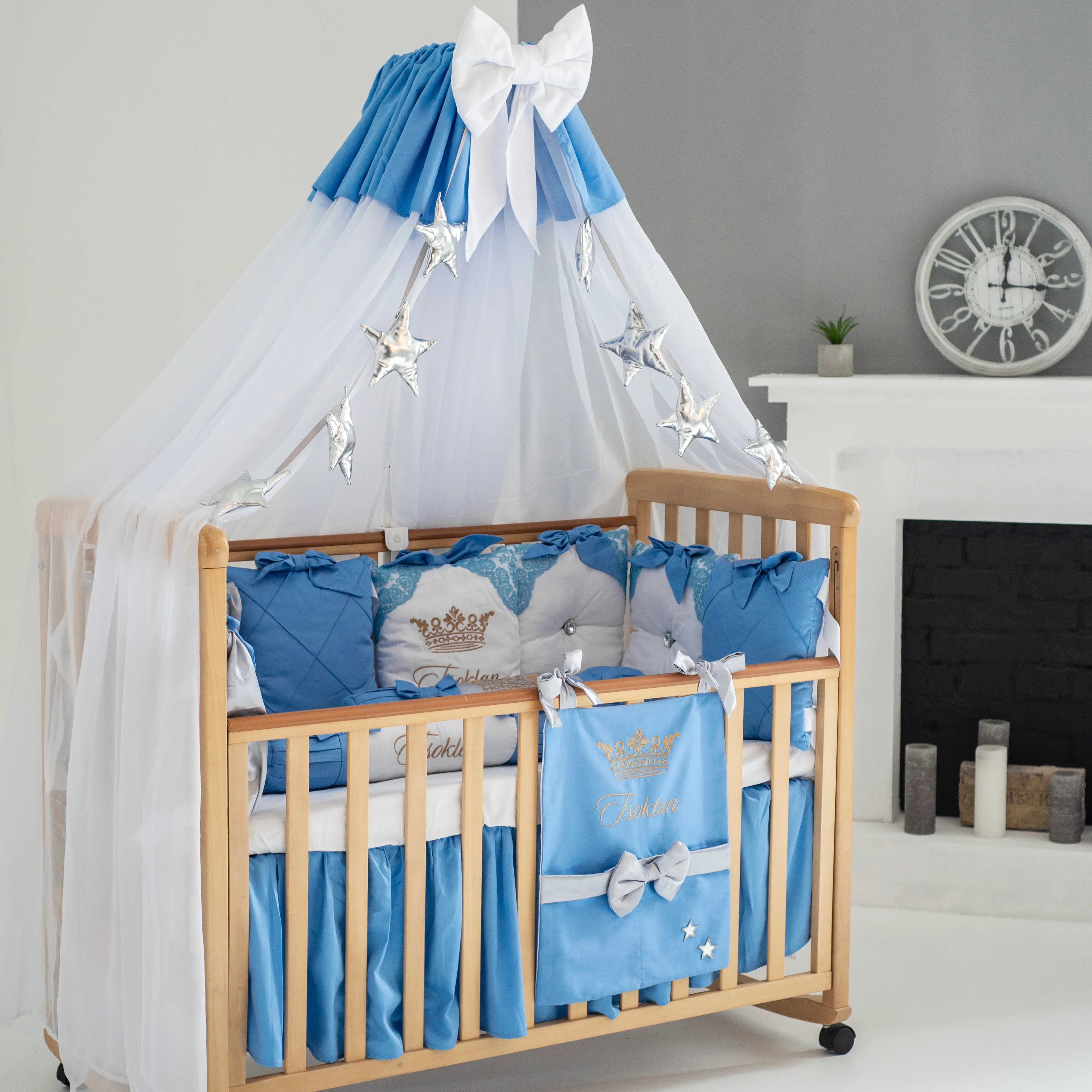 Luxury Blue & White Baby Boy Crib Bedding Set - Image 3