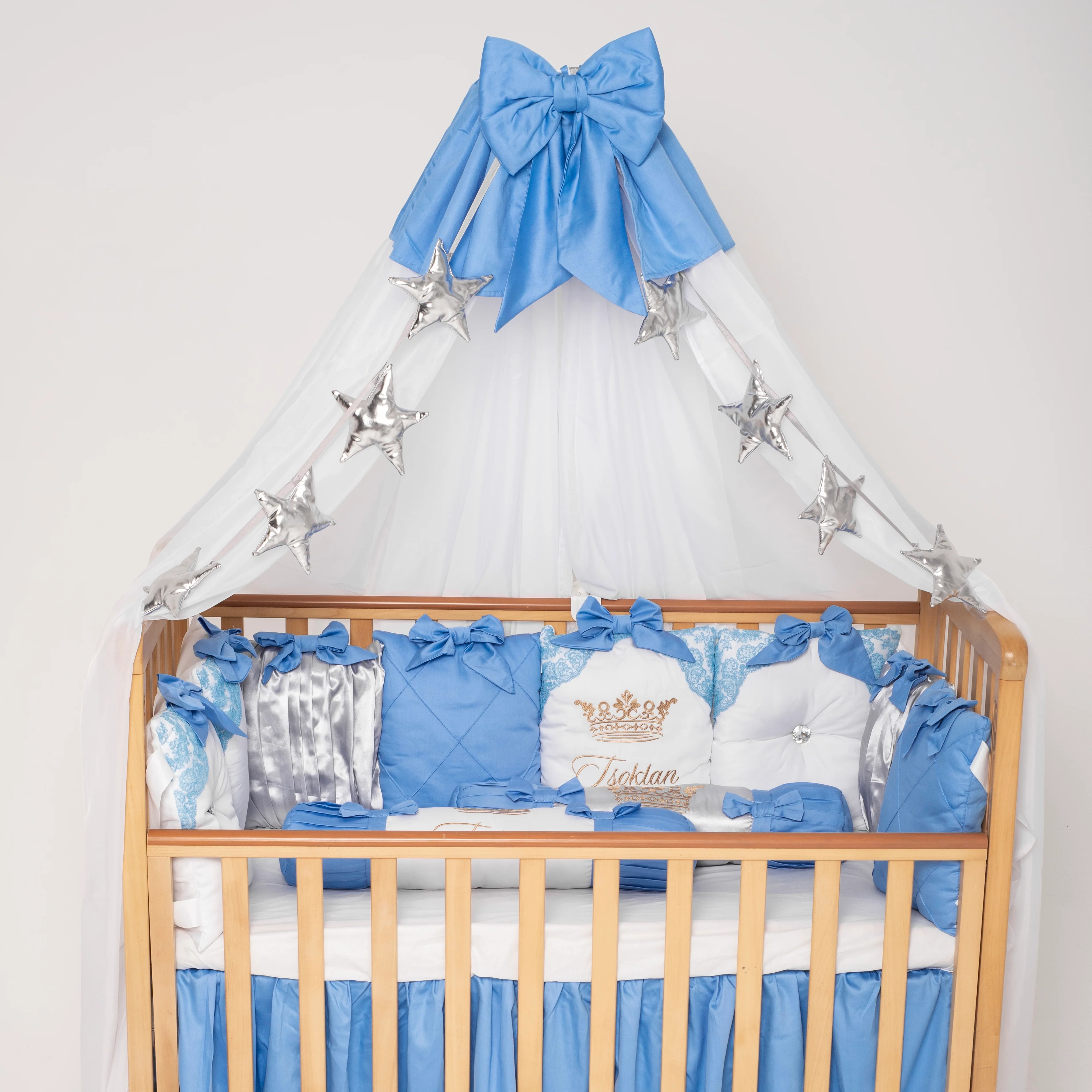 Luxury Blue & White Baby Boy Crib Bedding Set - Image 4