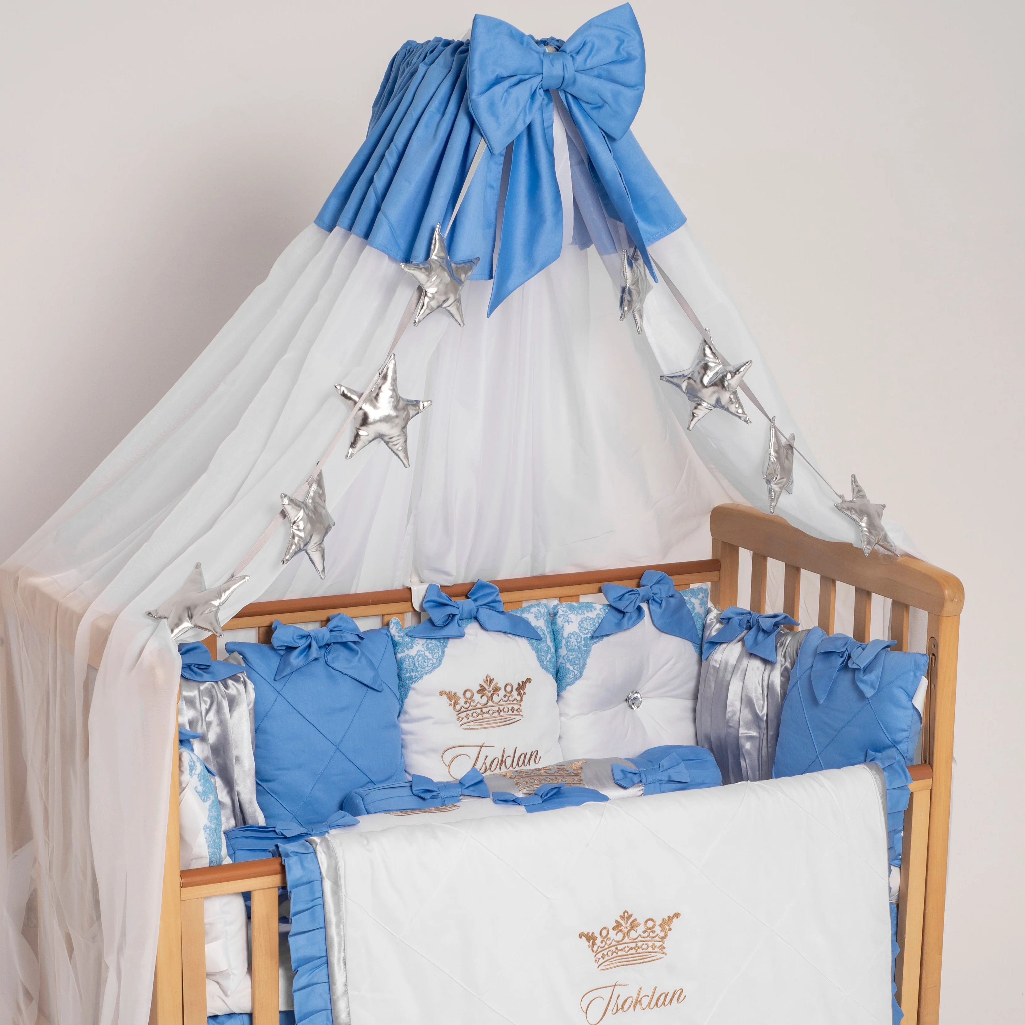 Luxury Blue & White Baby Boy Crib Bedding Set - Image 5