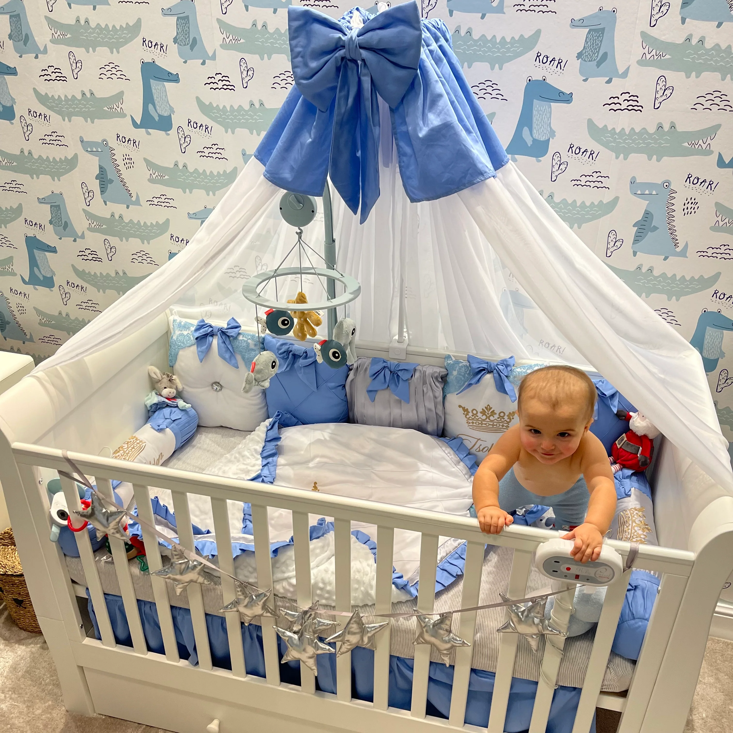 Luxury Blue & White Baby Boy Crib Bedding Set - Image 7