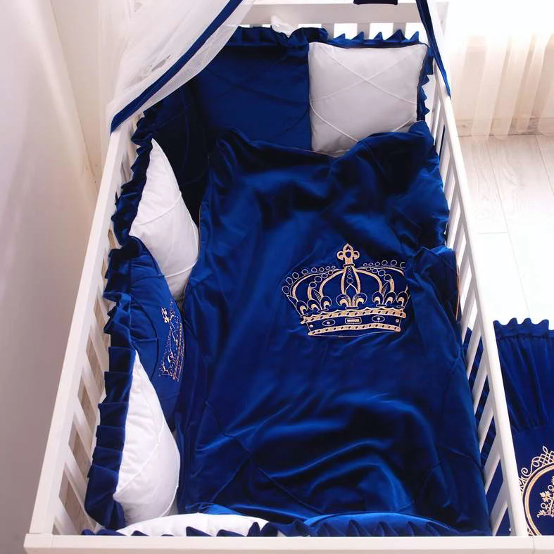 Luxury Blue & White Velvet Baby Bedding Set – Customizable - Image 4