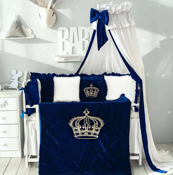 Luxury Blue & White Velvet Baby Bedding Set – Customizable - Image 5