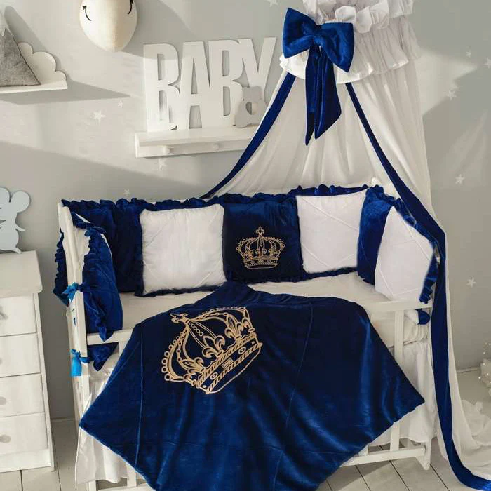 Luxury Blue & White Velvet Baby Bedding Set – Customizable - Image 6