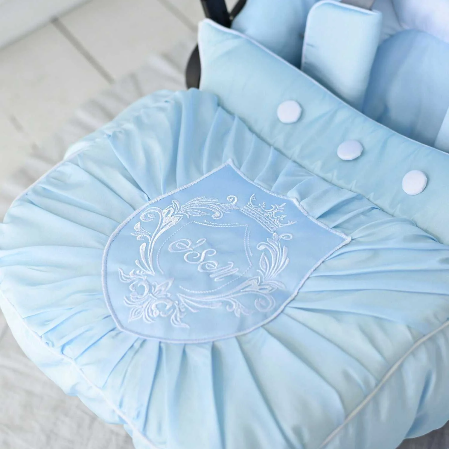 Luxury Light Blue Baby Car Seat Cover Set – Prince Embroidery - Image 3