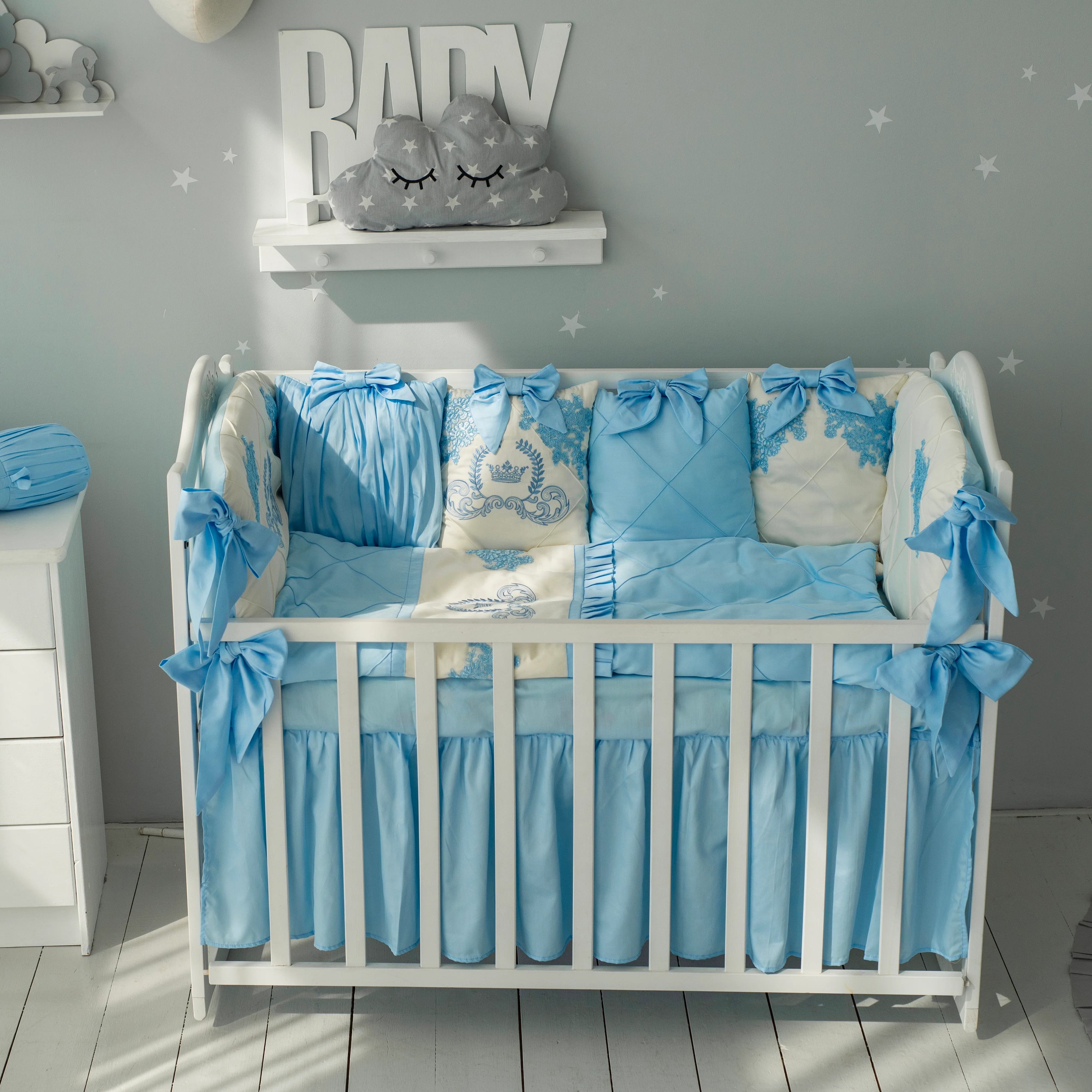 Luxury Light Blue Baby Crib Bedding Set with Embroidery - Image 6