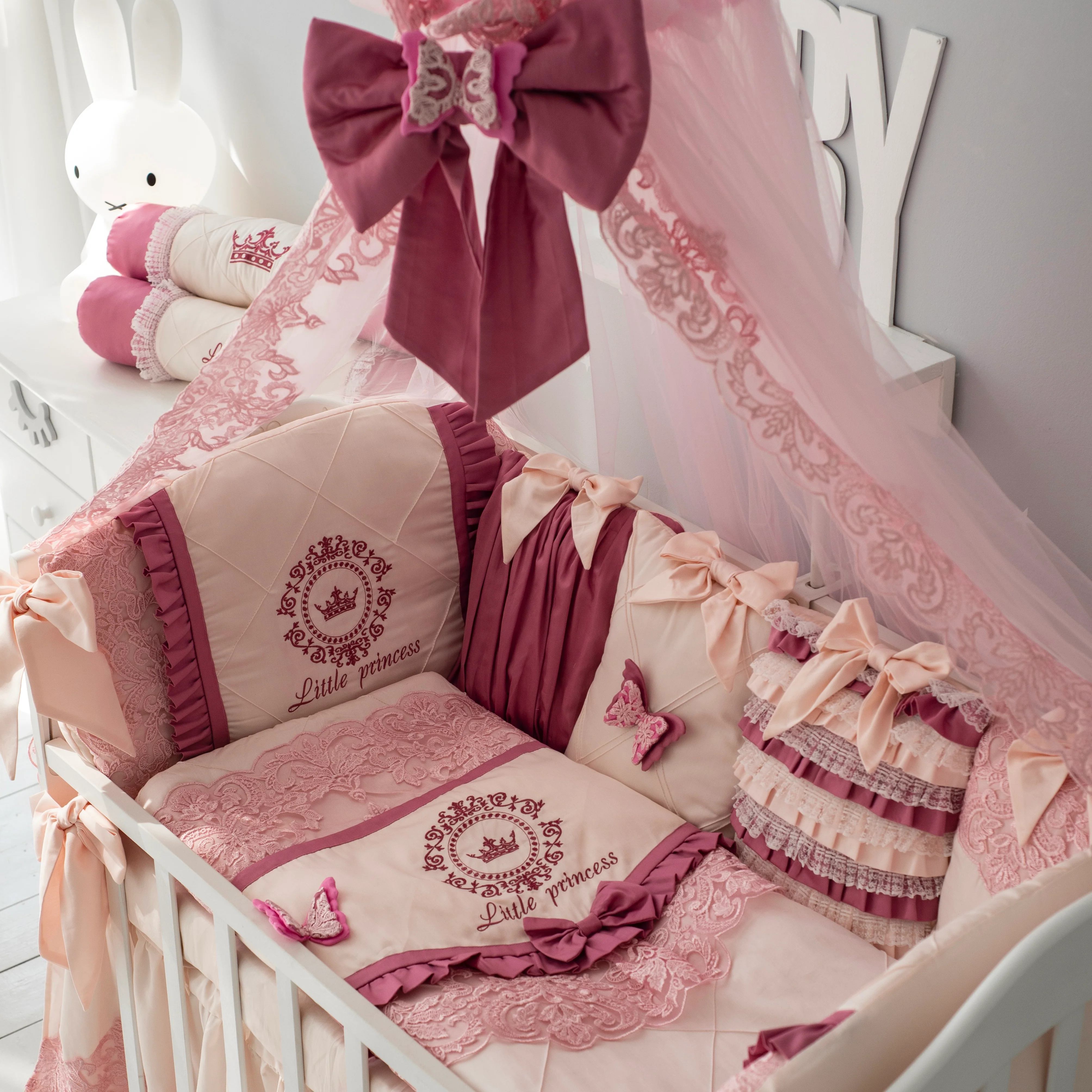 Luxury Pink and Ivory Baby Bedding Set | Crown Butterfly Crib Decor - Image 5
