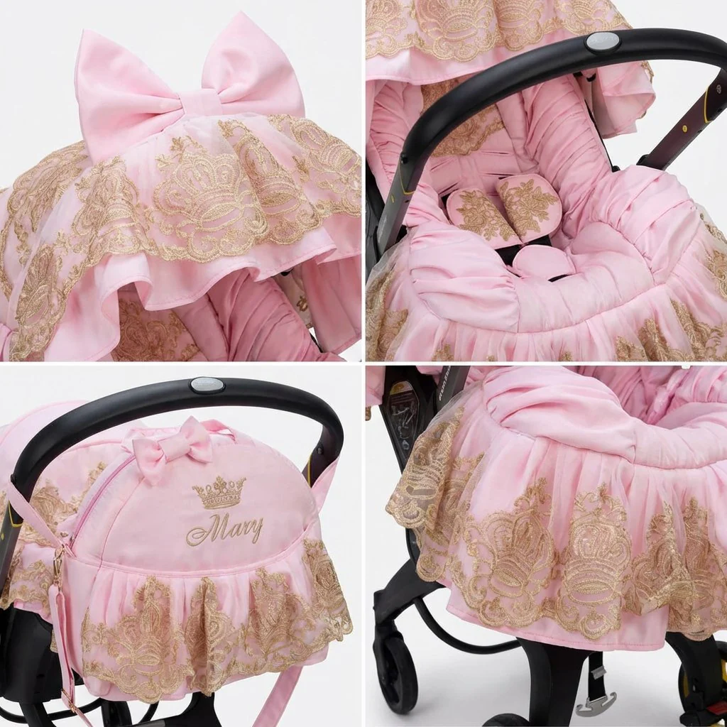 Luxury Pink Baby Car Seat Cover Set with Gold Lace - Image 3