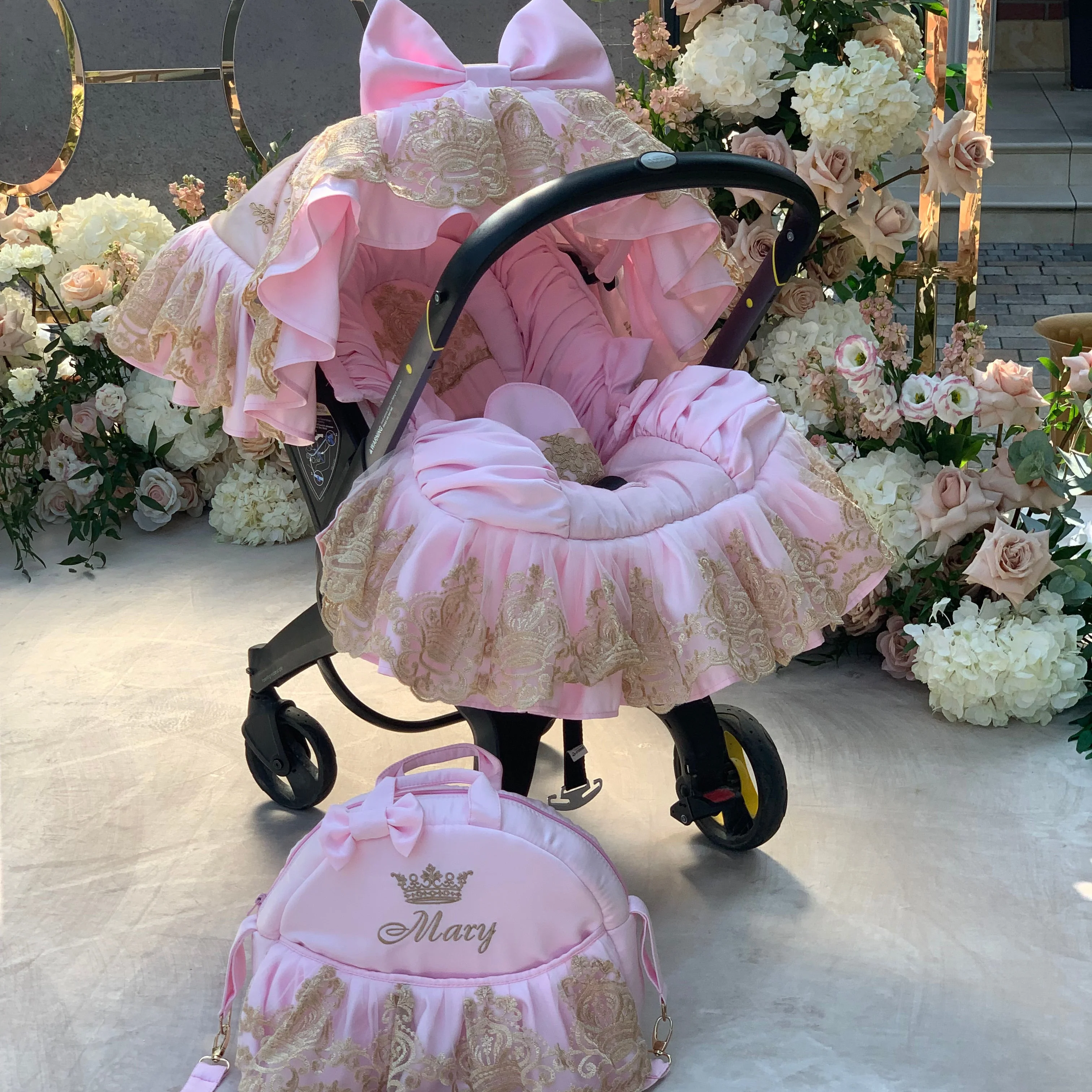 Luxury Pink Baby Car Seat Cover Set with Gold Lace - Image 4