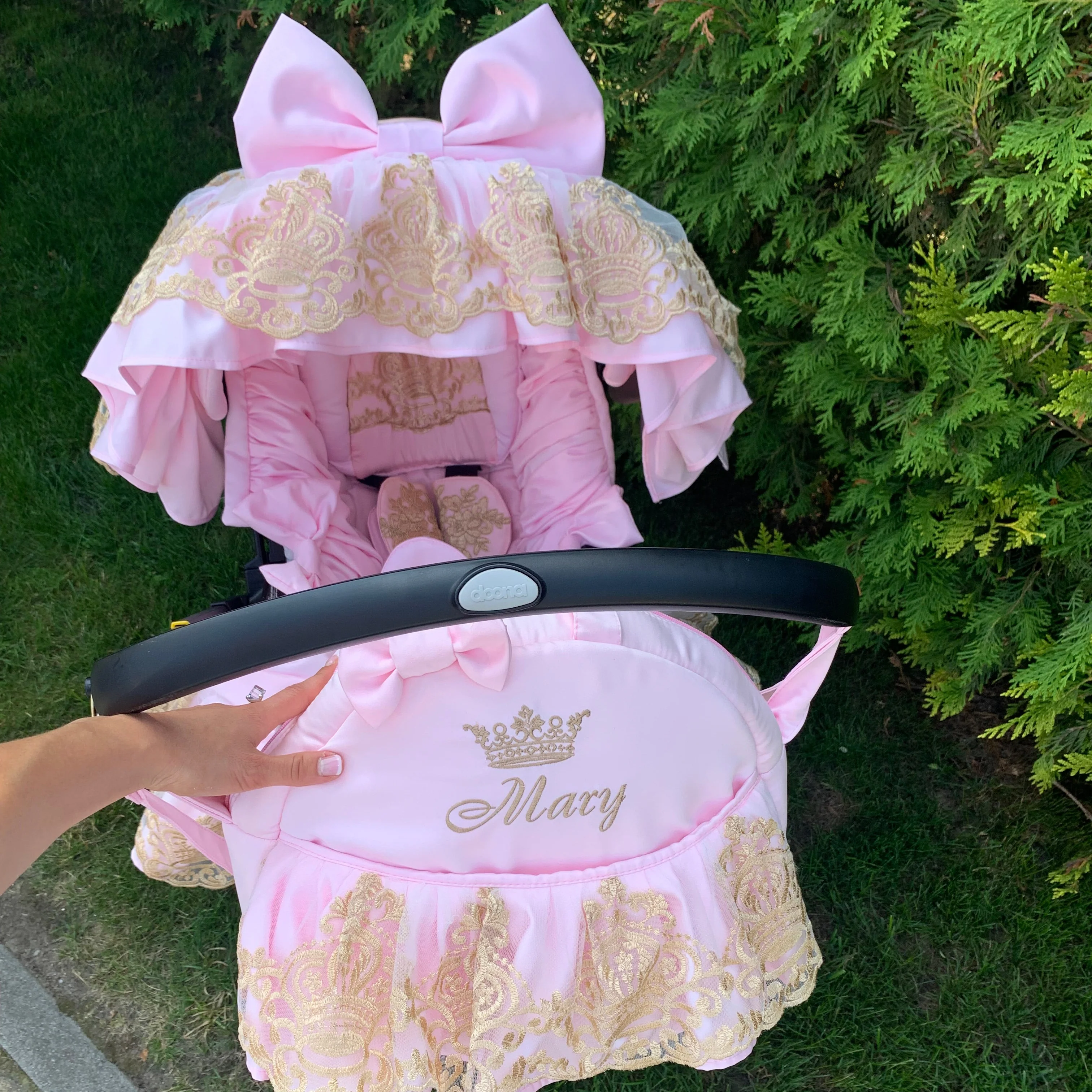 Luxury Pink Baby Car Seat Cover Set with Gold Lace - Image 5