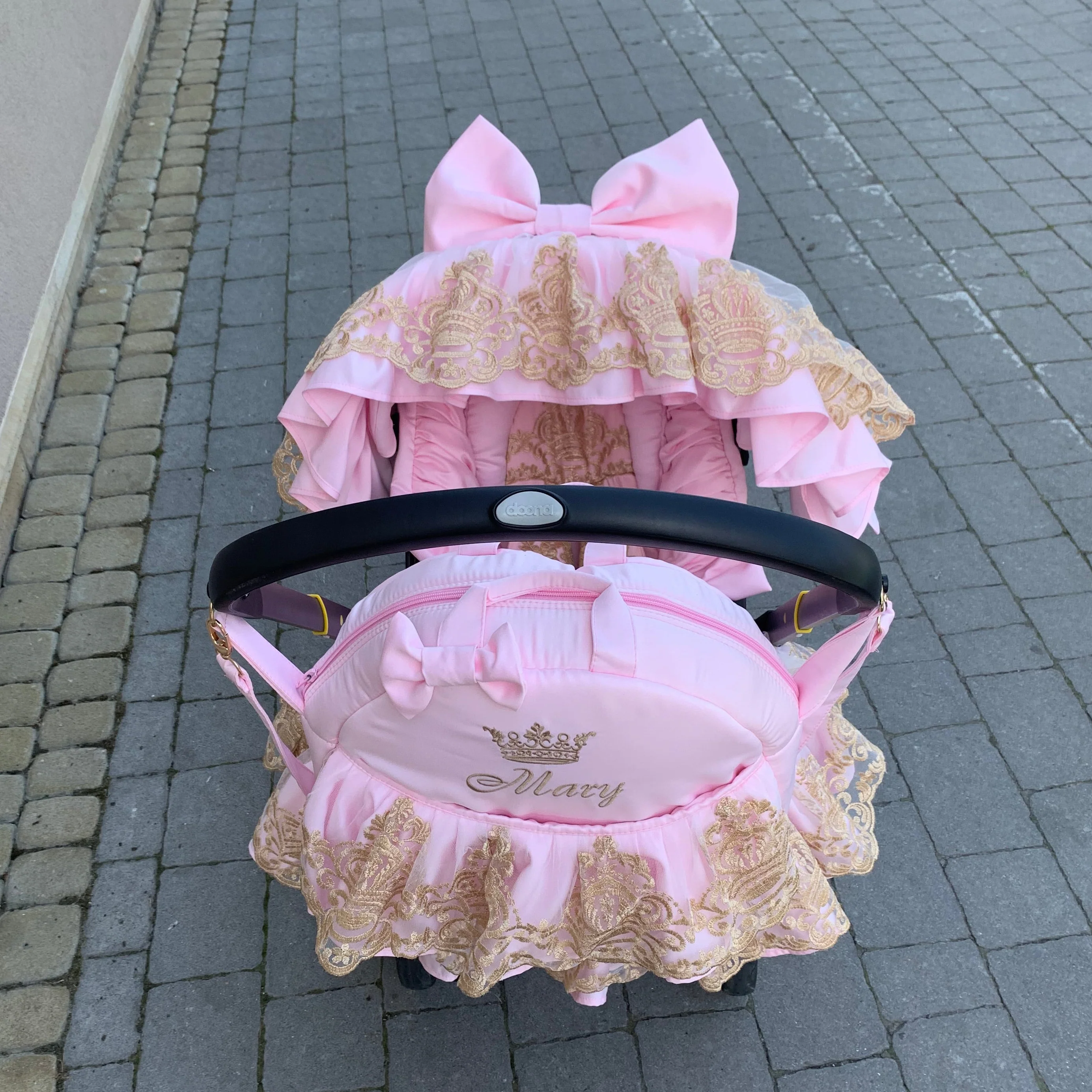 Luxury Pink Baby Car Seat Cover Set with Gold Lace - Image 6