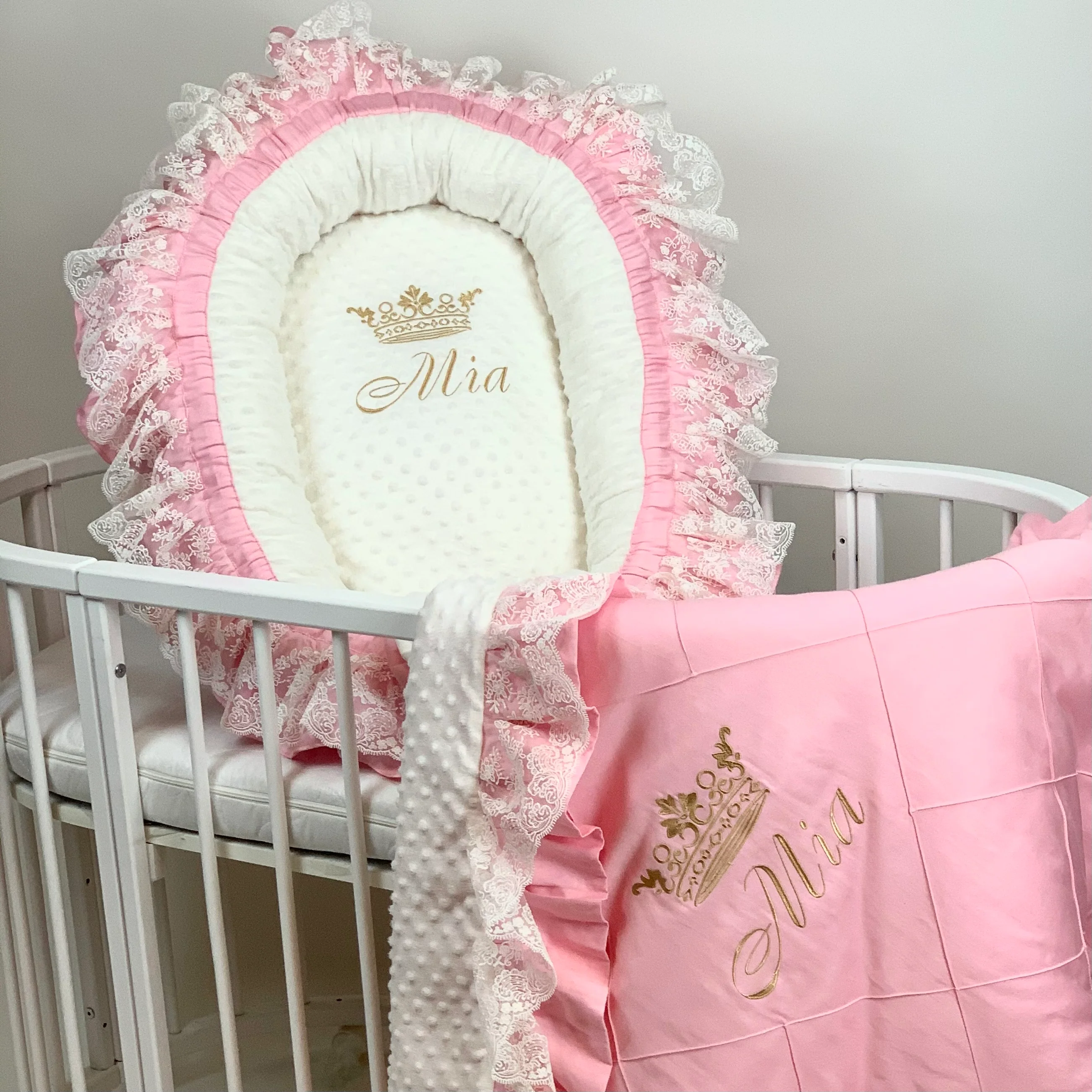 Personalized Pink Elegant Romantic Luxury Baby Nest with Ruffles - Image 3