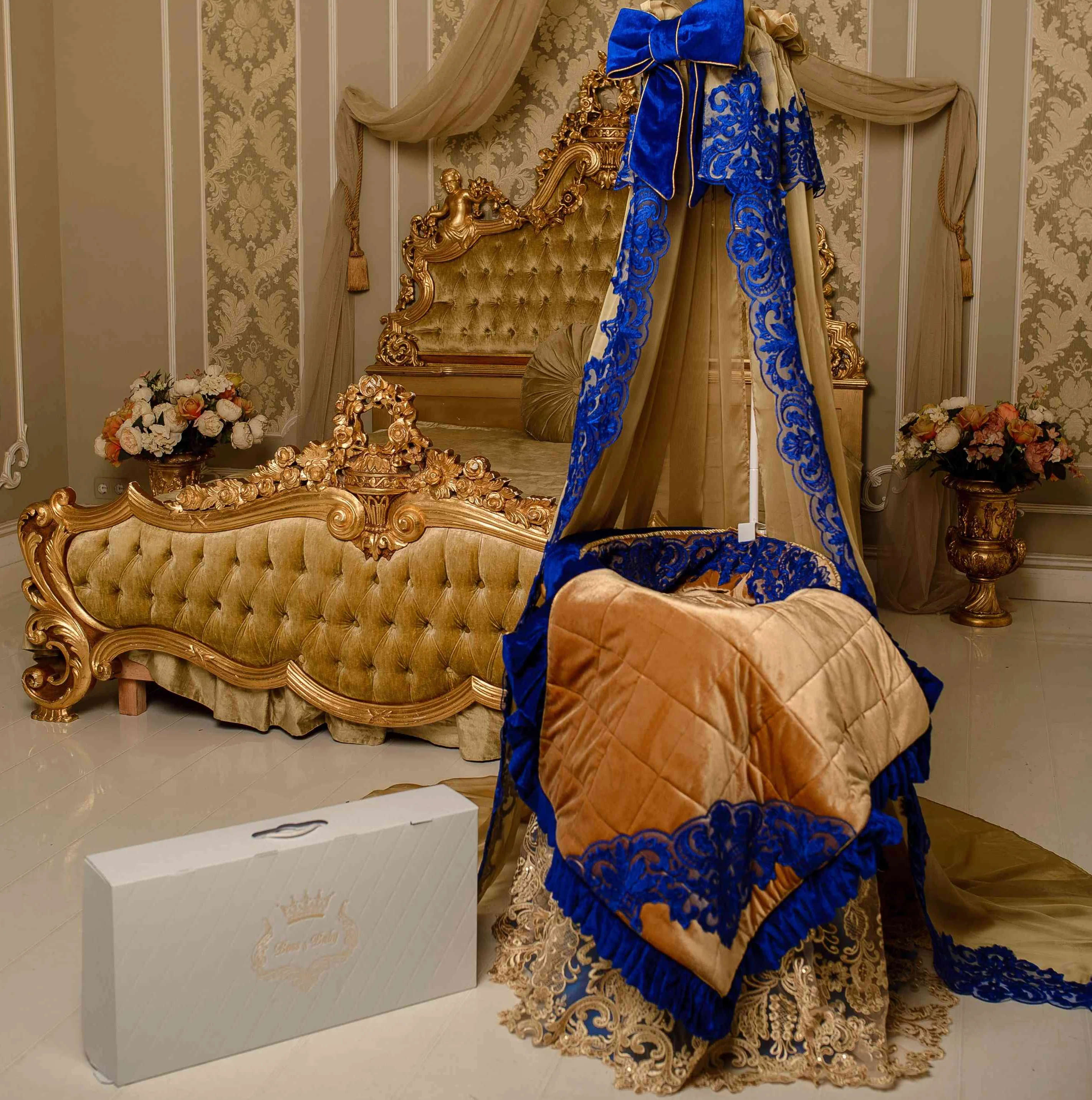 Luxury Royal Blue & Gold Velvet Baby Bassinet Nursery Decor Set | Decorative Baby Textiles | Unisex - Image 3