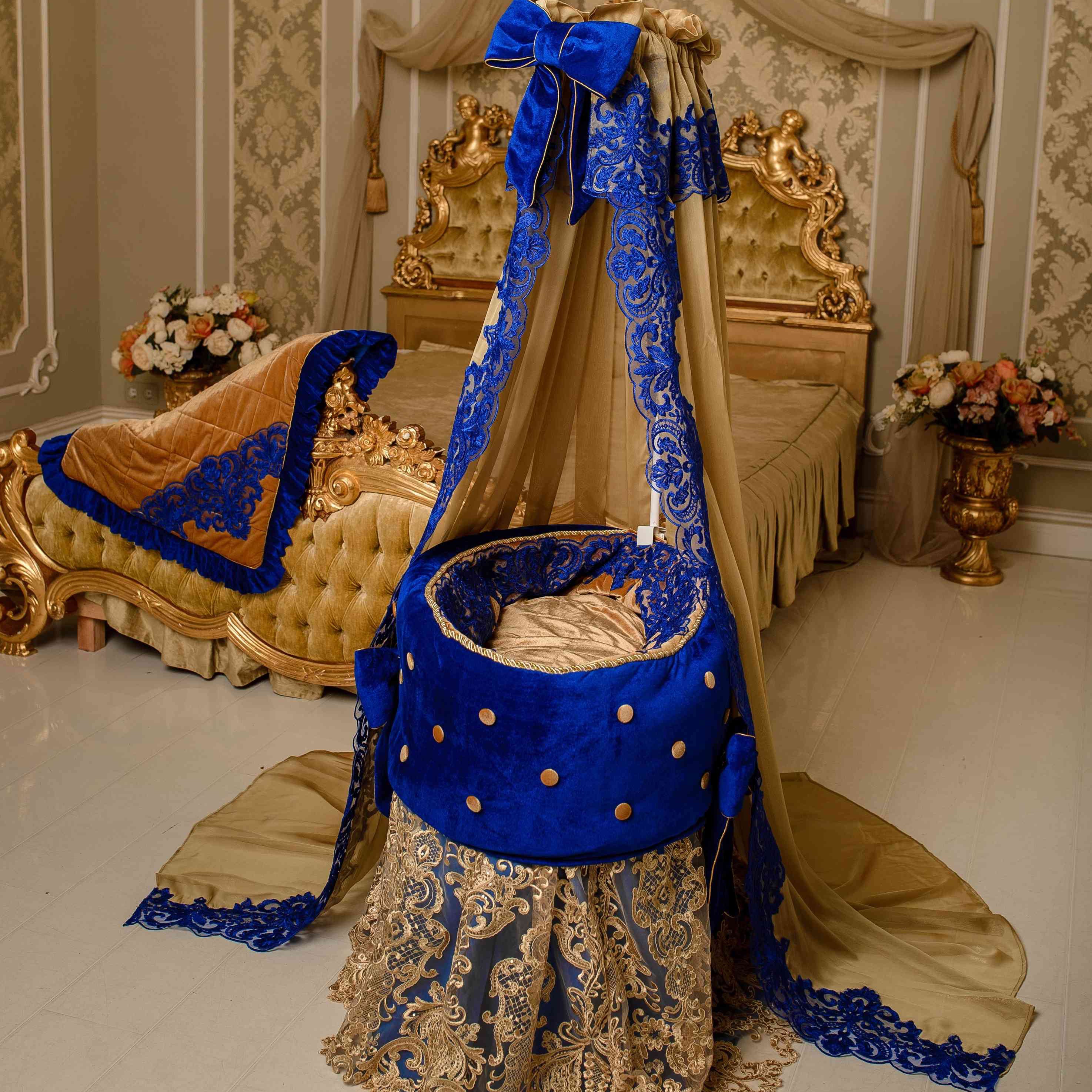 Luxury Royal Blue & Gold Velvet Baby Bassinet Nursery Decor Set | Decorative Baby Textiles | Unisex - Image 4