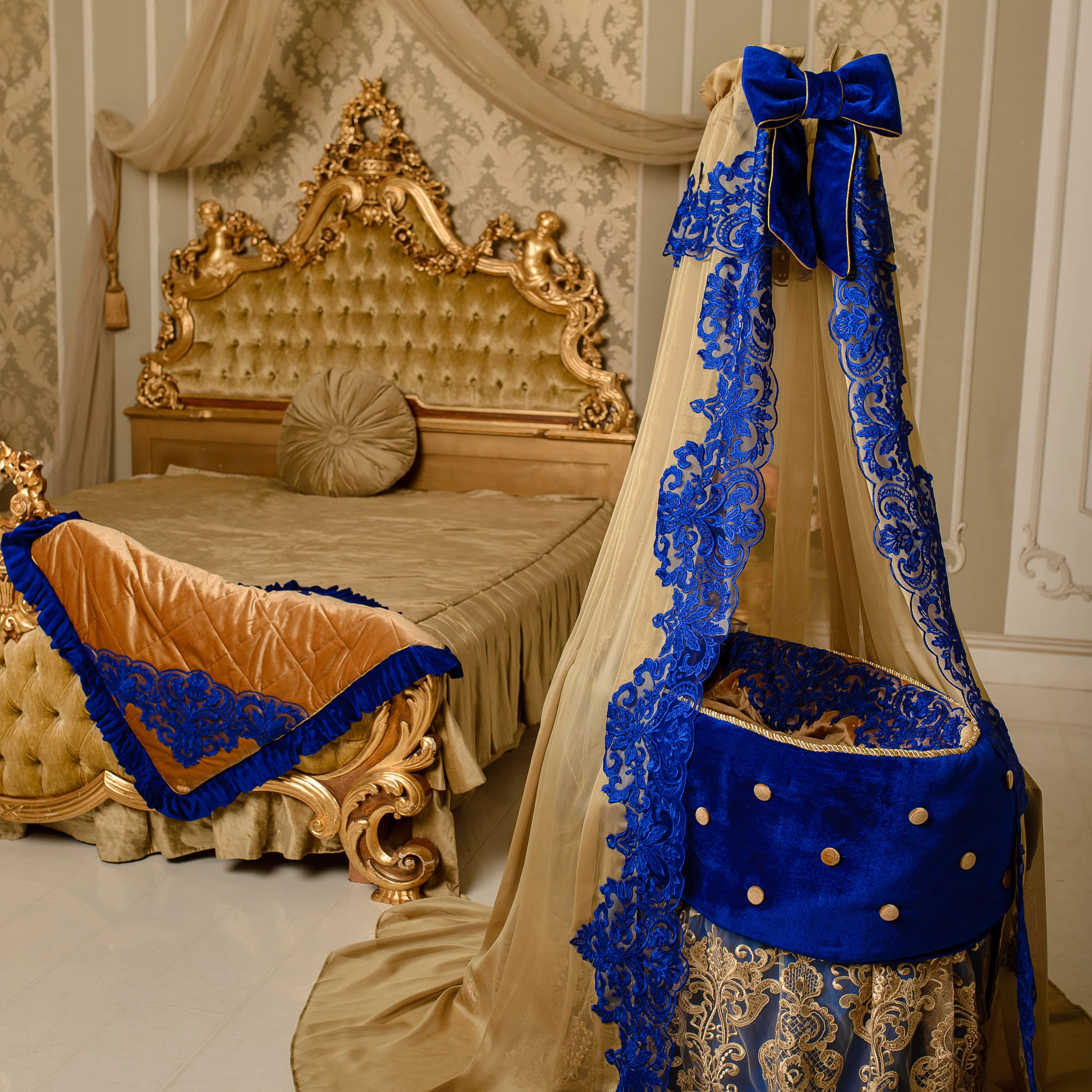 Luxury Royal Blue & Gold Velvet Baby Bassinet Nursery Decor Set | Decorative Baby Textiles | Unisex - Image 5