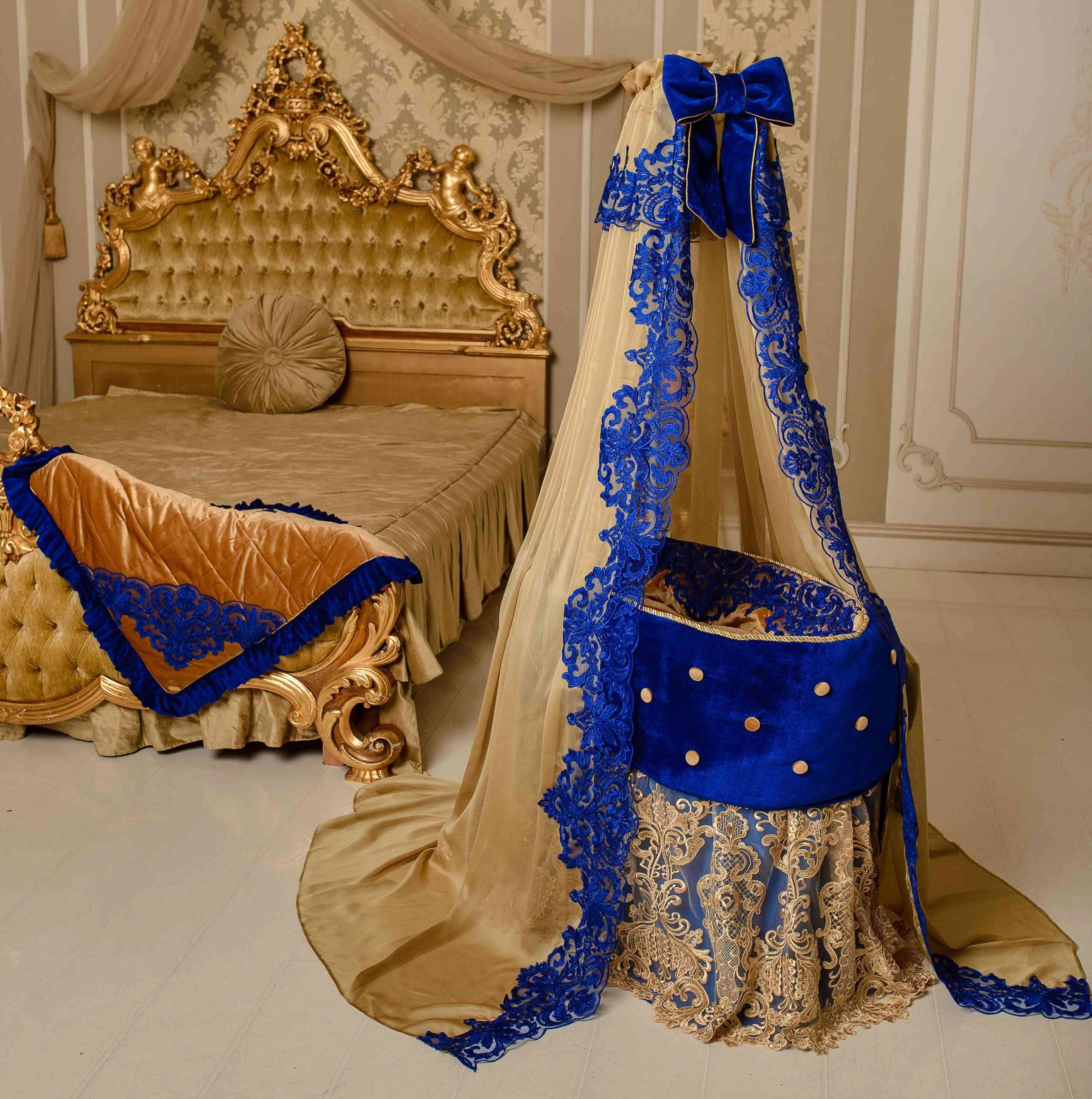 Luxury Royal Blue & Gold Velvet Baby Bassinet Nursery Decor Set | Decorative Baby Textiles | Unisex - Image 6