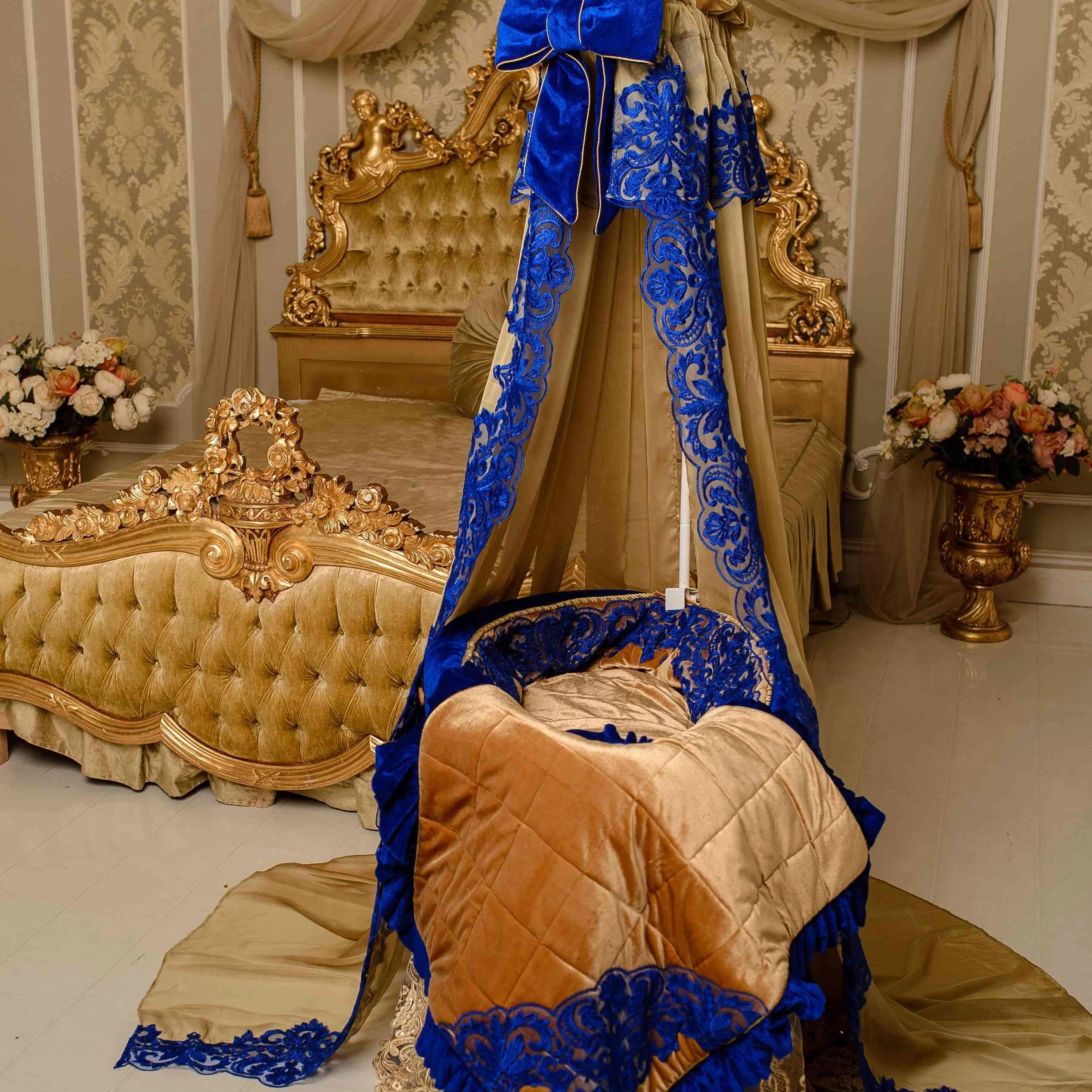 Luxury Royal Blue & Gold Velvet Baby Bassinet Nursery Decor Set | Decorative Baby Textiles | Unisex - Image 7