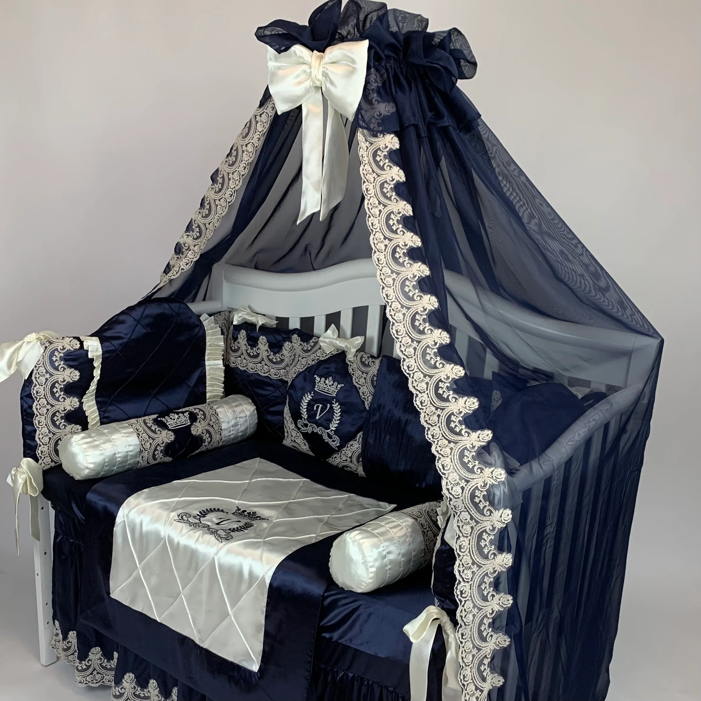 Luxury Royal Blue & Ivory Baby Bedding Set with Canopy - Image 5