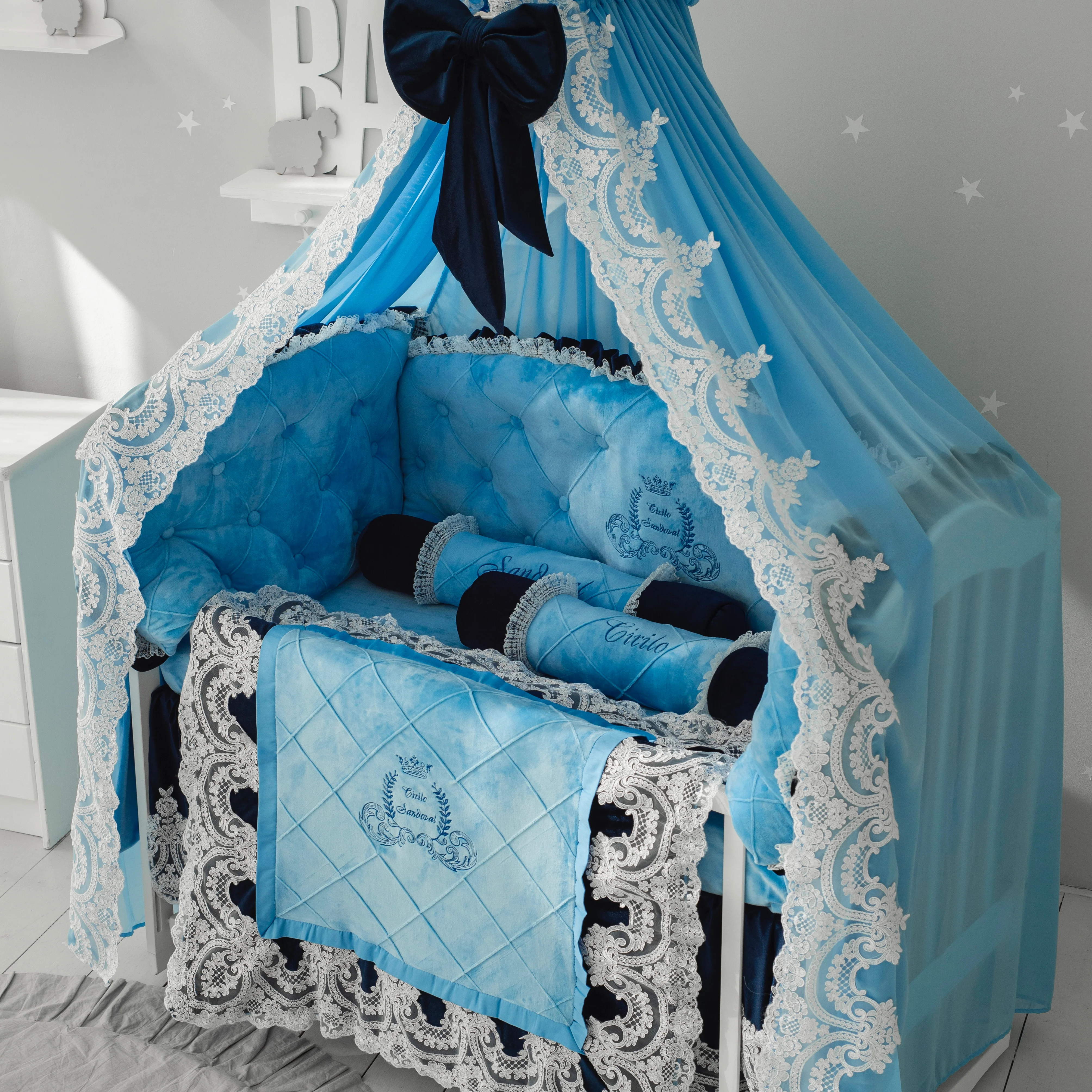 Luxury Sky Blue Baby Boy Bedding Set with Lace Embroidery - Image 3