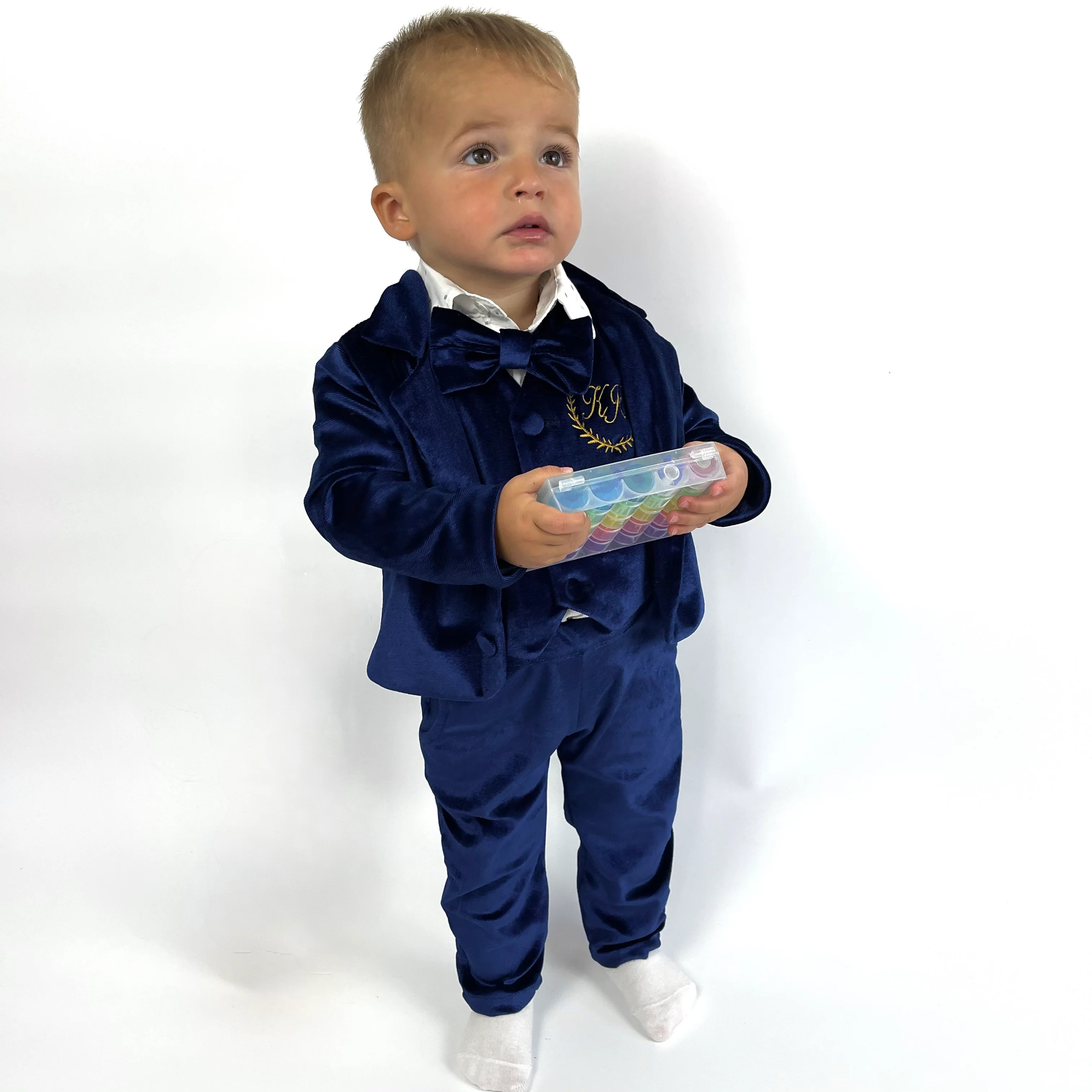 Navy Blue Velvet Baby Boy Suit – Personalized Formal Outfit - Image 3