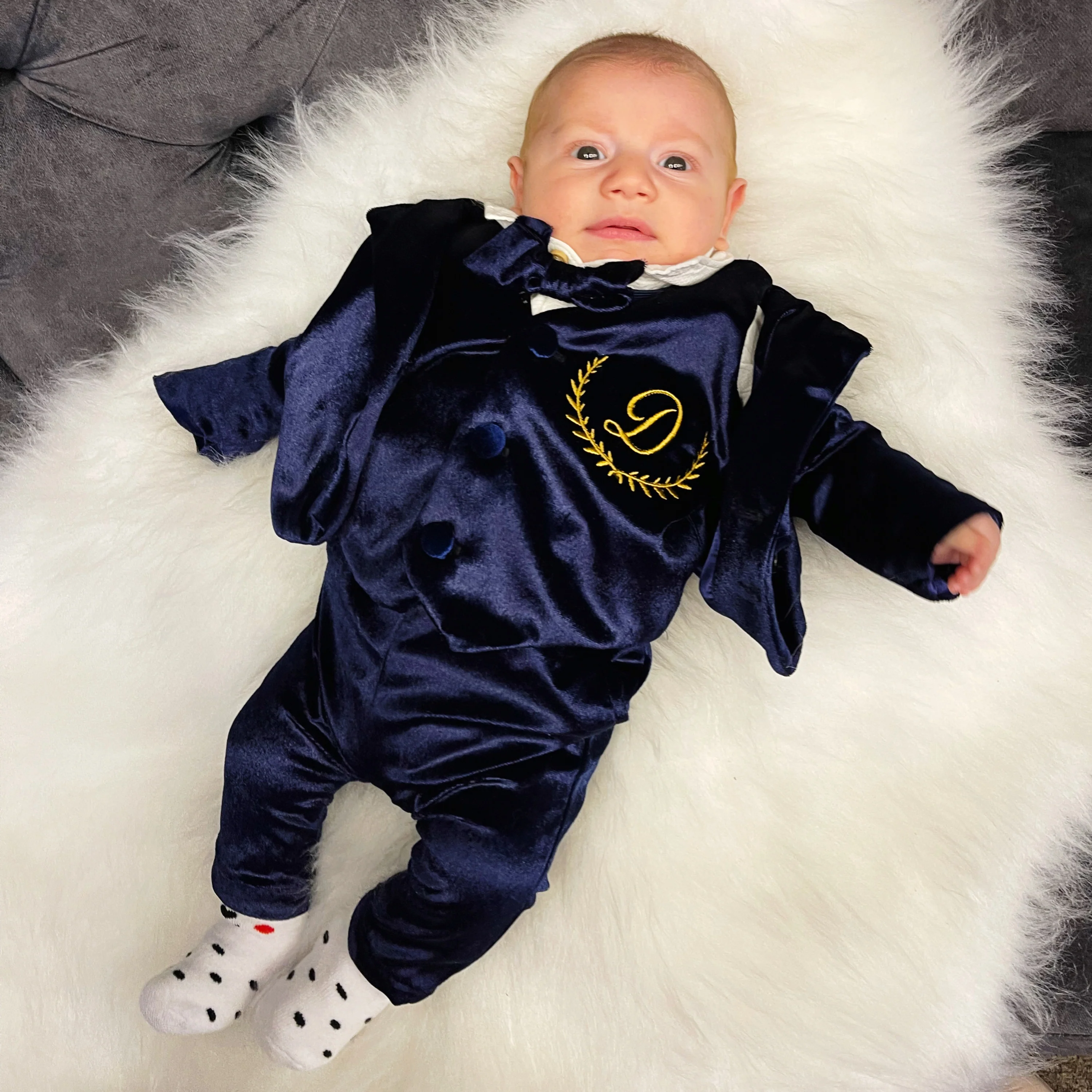 Navy Blue Velvet Baby Boy Suit – Personalized Formal Outfit - Image 4