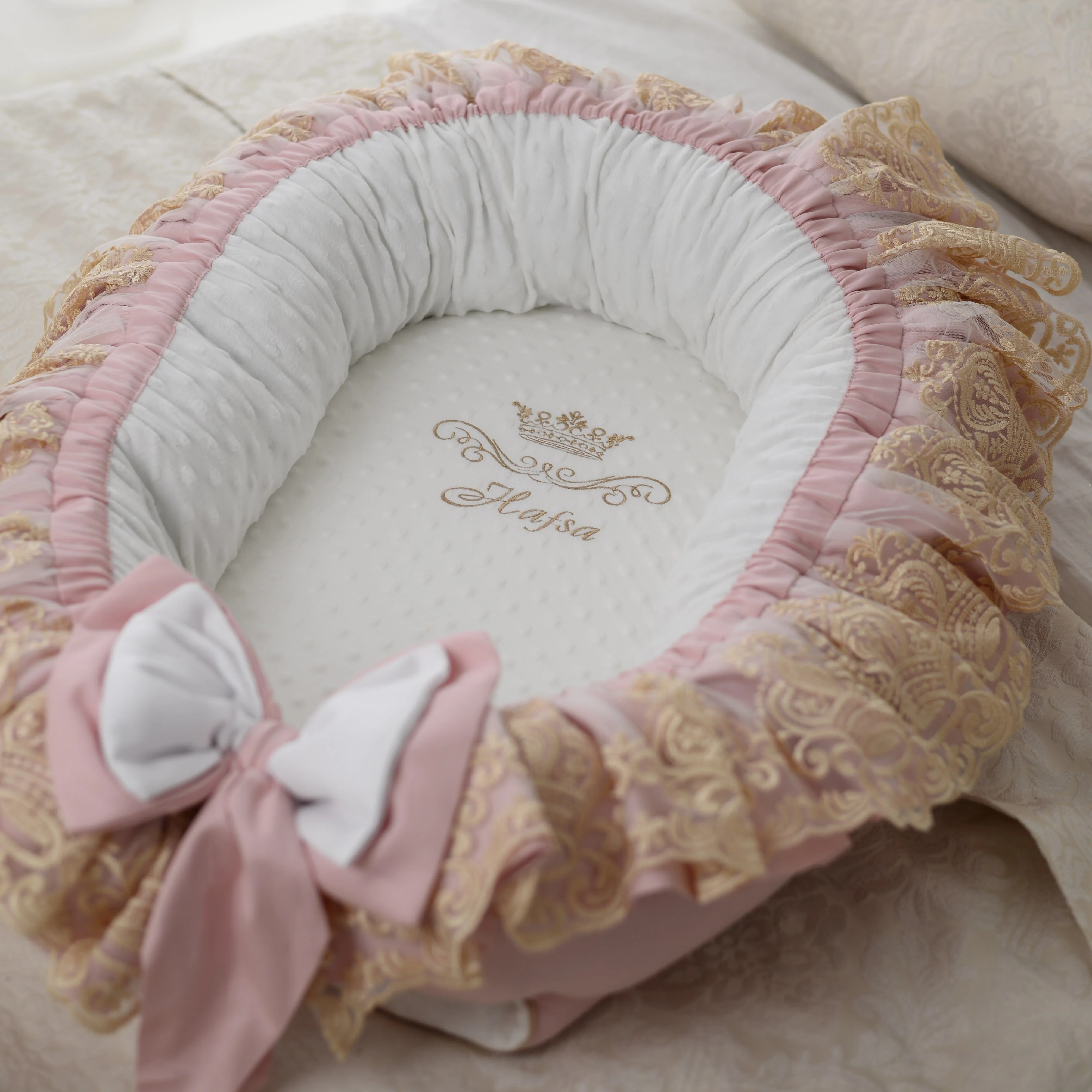 Personalized Dusty Pink Newborn Sleeping Nest Bed with Lace Detailing and Ruffles - Image 2