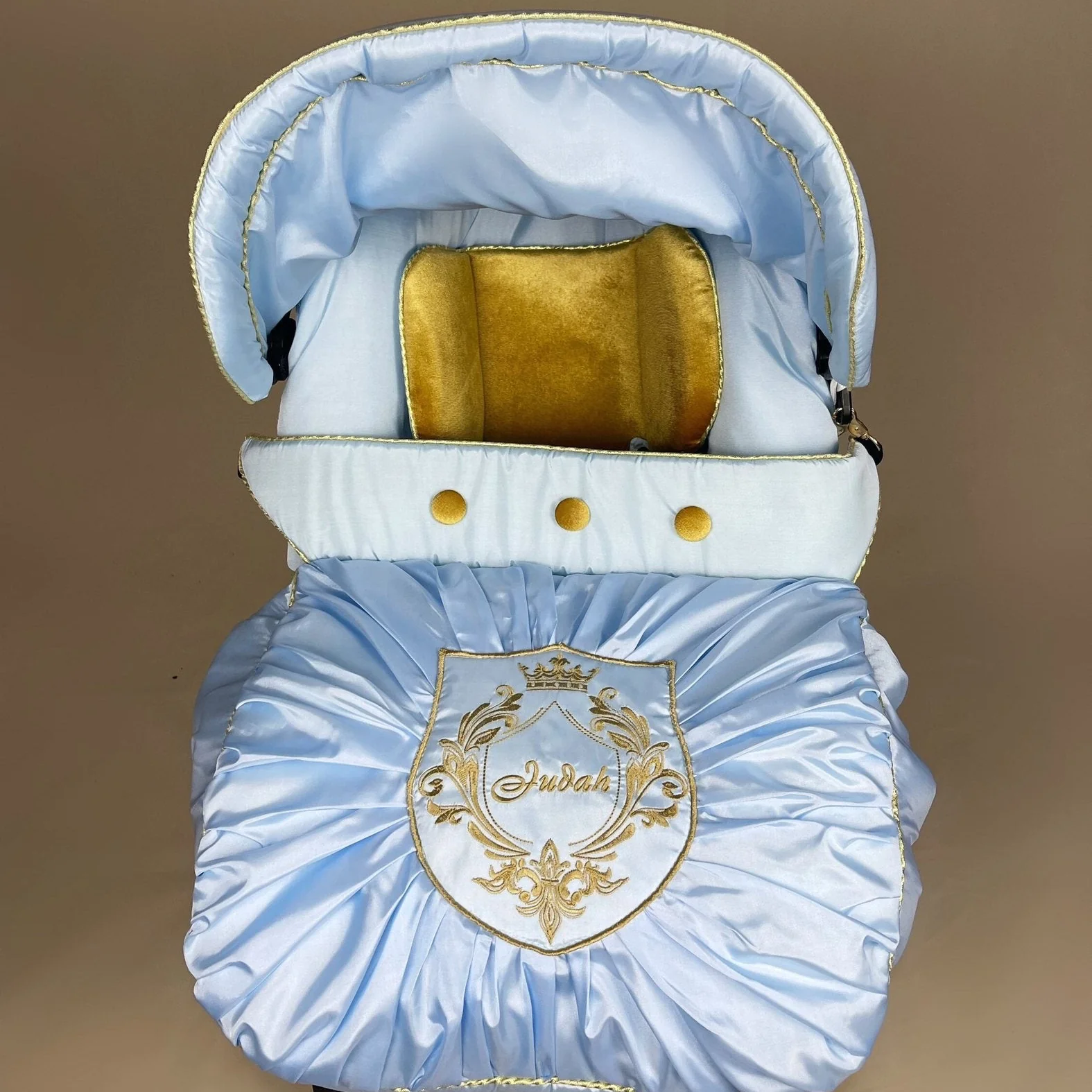 Light Blue Baby Car Seat Cover Set with Gold Embroidery - Image 5