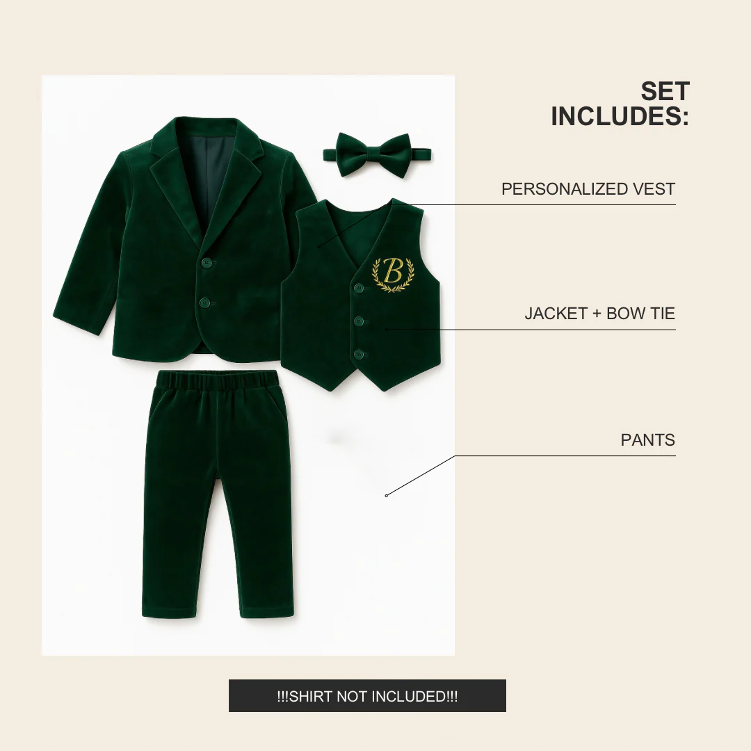 Personalized Emerald Green Velvet Baby Boy Suit - Image 8