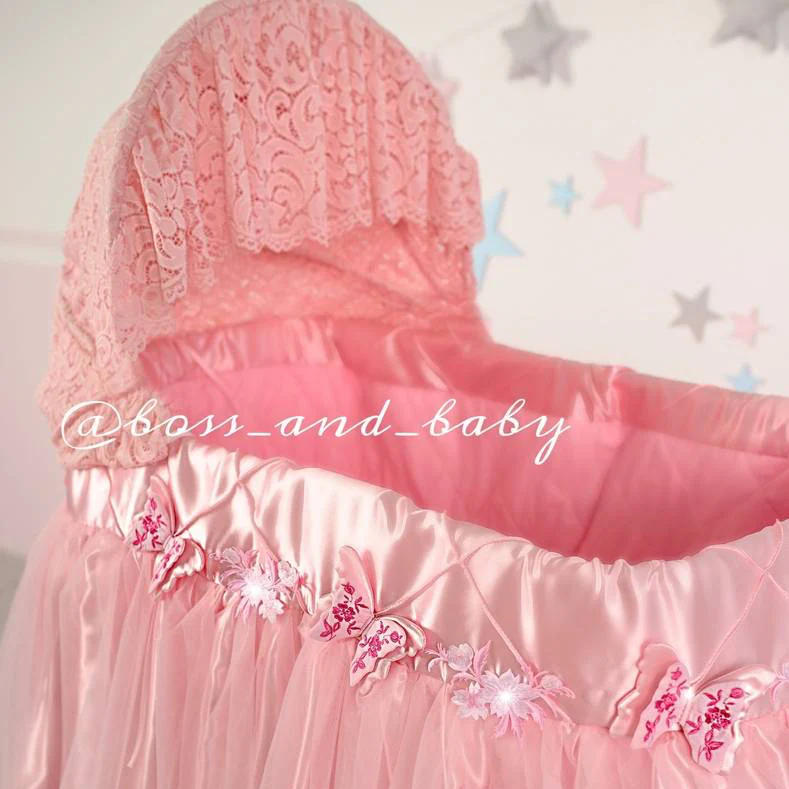 Pink Bassinet Cover with Lace and Butterflies Elegant Baby Girl - Image 3