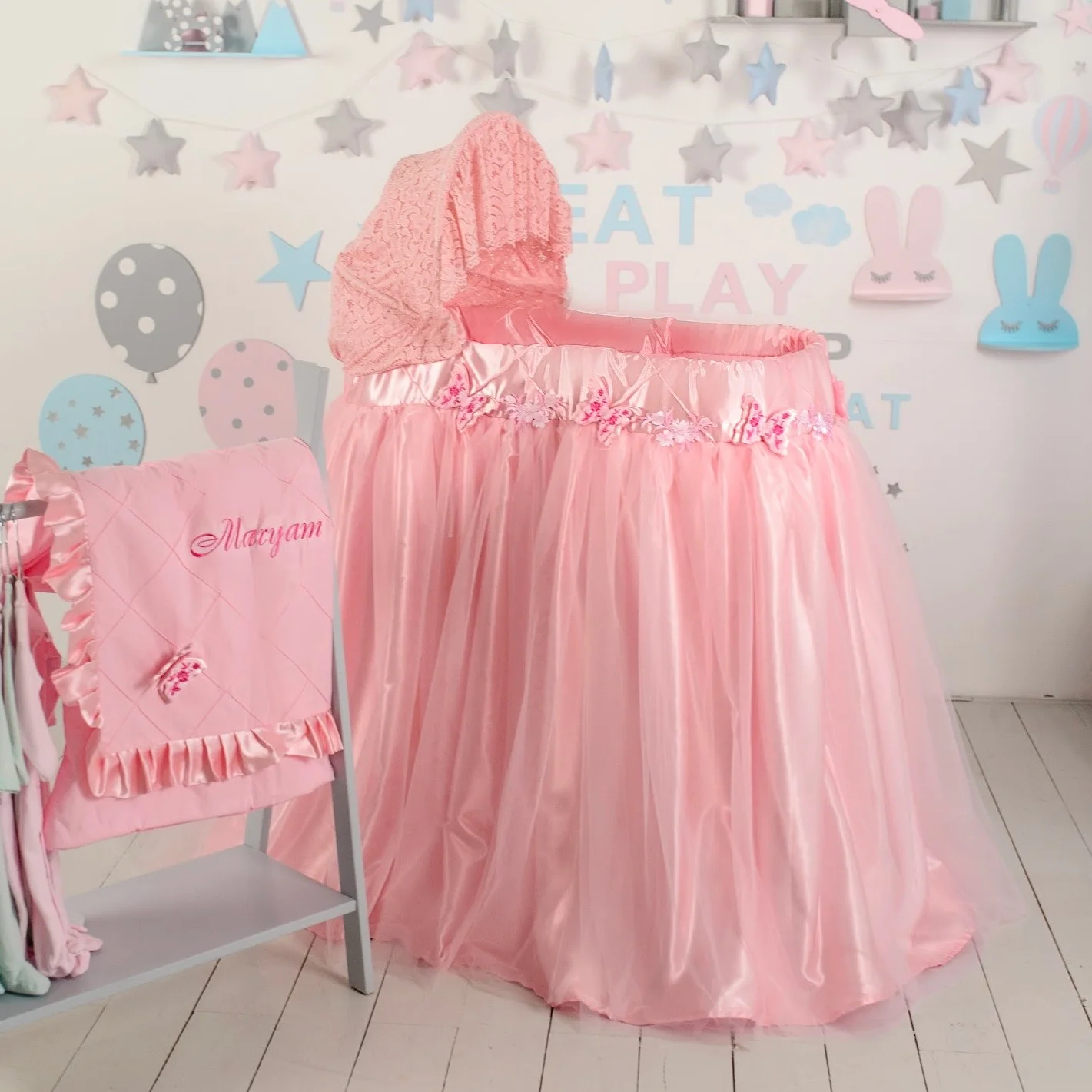 Pink Bassinet Cover with Lace and Butterflies Elegant Baby Girl - Image 5