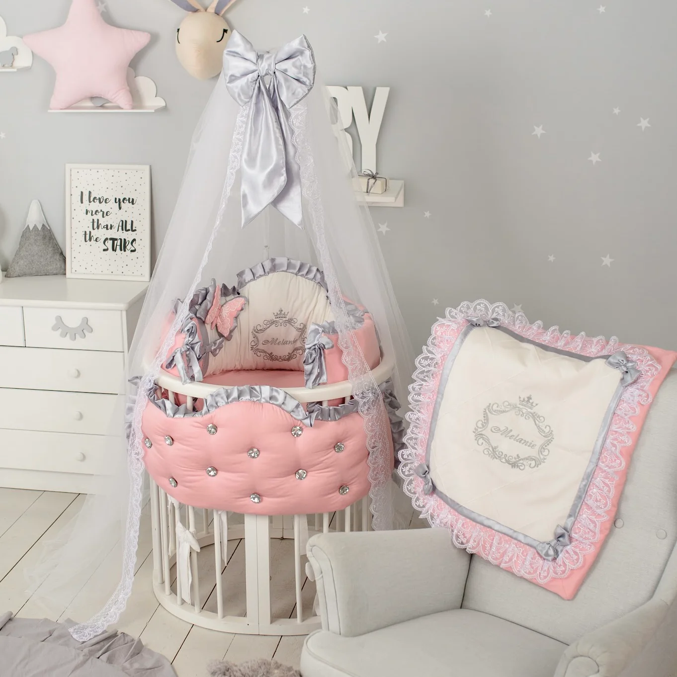 Luxury Personalized Round Baby Bassinet Bedding Set with Lace Canopy - Image 5